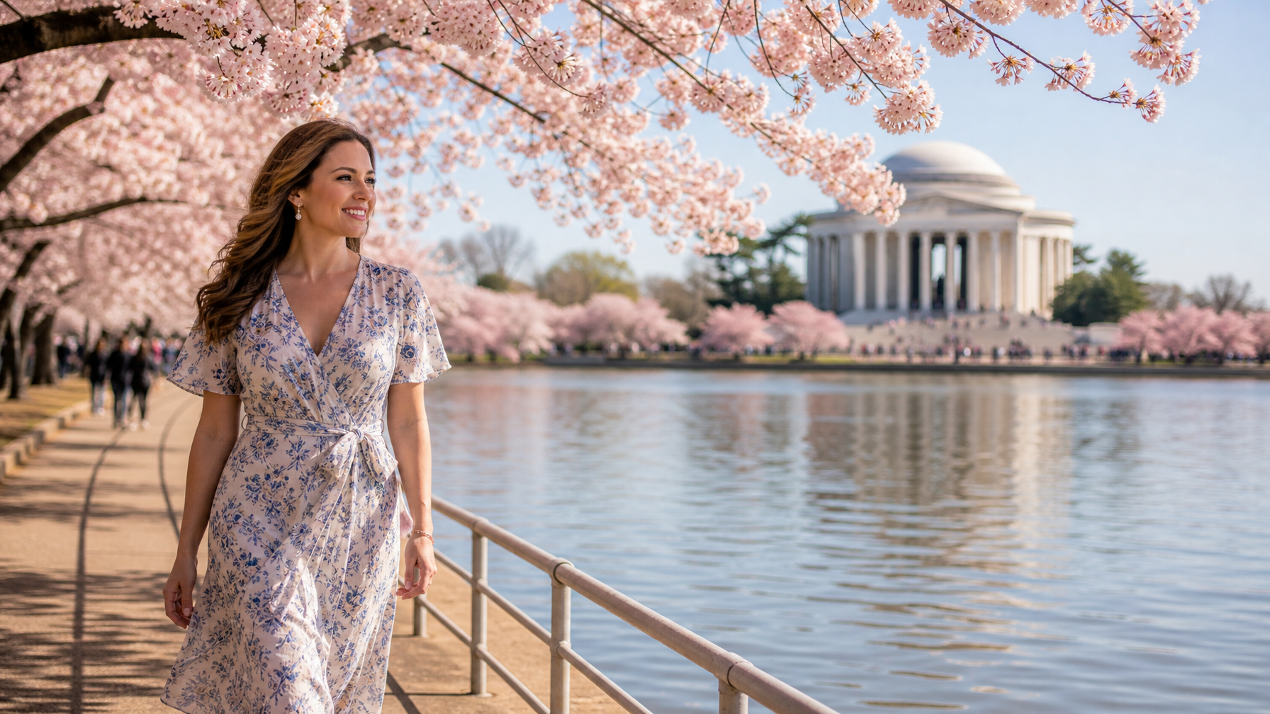 Woman walking along the Tidal Basin cherry blossoms with the Jefferson Memorial in Washington DC