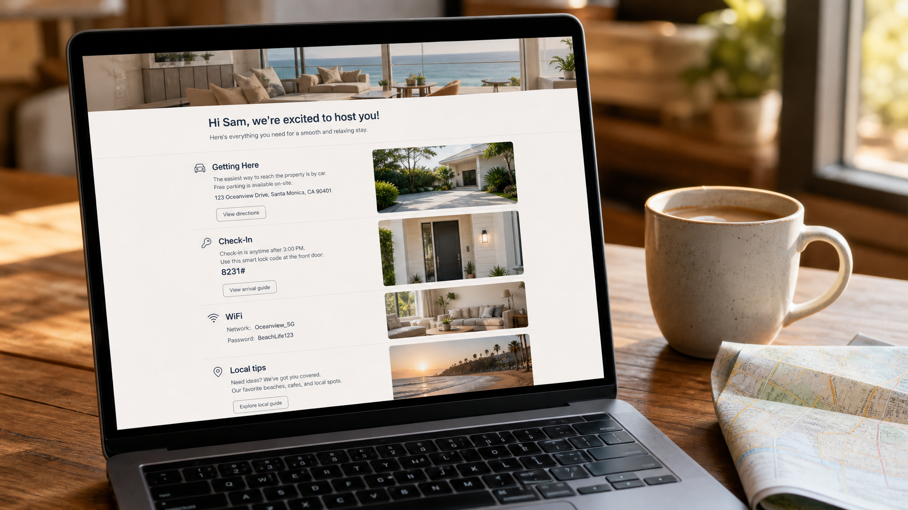 A laptop screen showing a vacation rental pre-arrival email with sections for getting there, check-in, WiFi, and local tips