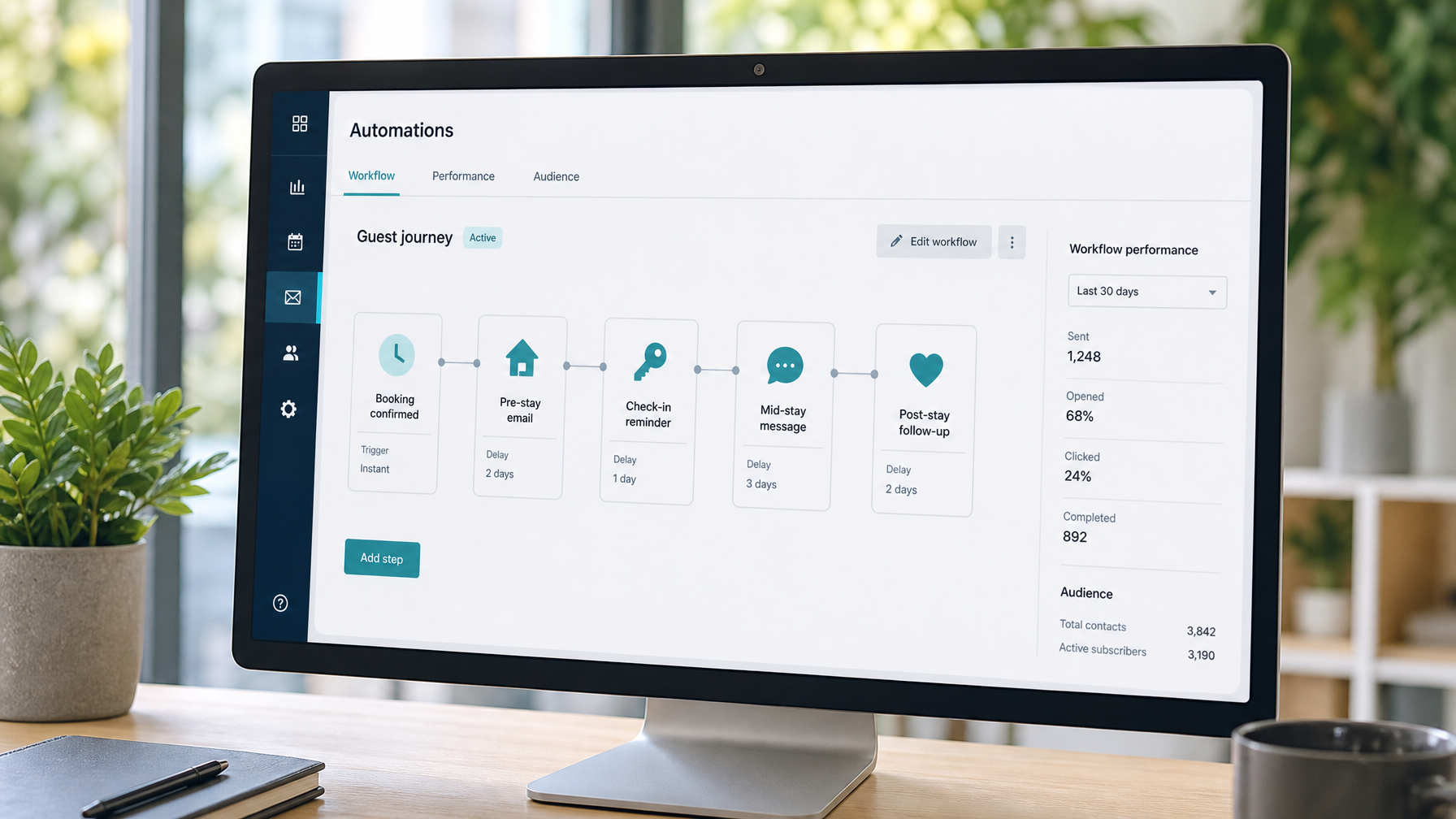 An automations dashboard showing a five-step guest journey workflow: booking confirmed, pre-stay email, check-in reminder, mid-stay message, and post-stay follow-up