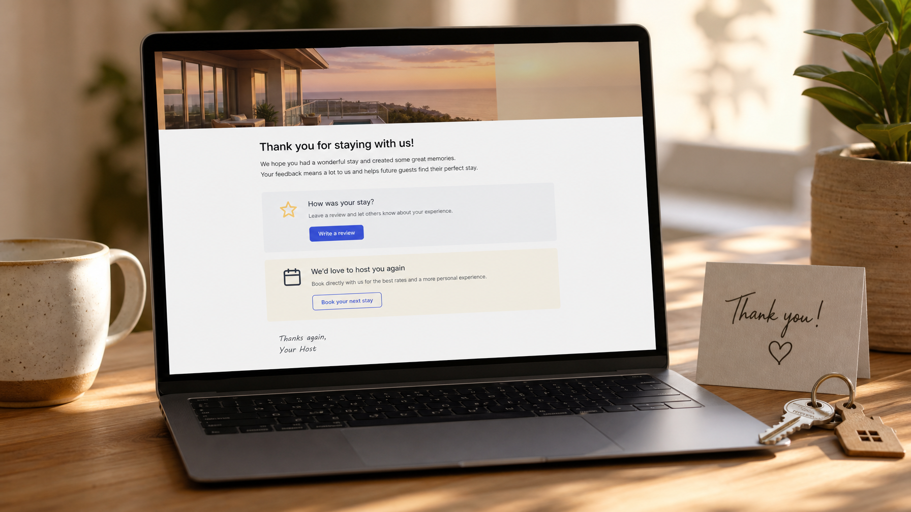 A laptop screen showing a vacation rental post-stay thank you email with a review request button and a book-your-next-stay invitation