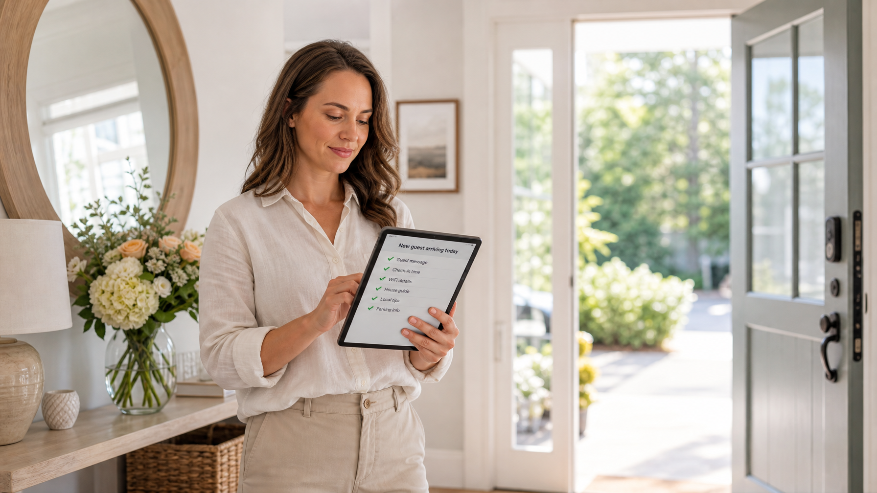 A female vacation rental host reviewing a pre-arrival checklist on a tablet near the open front door before a guest arrives