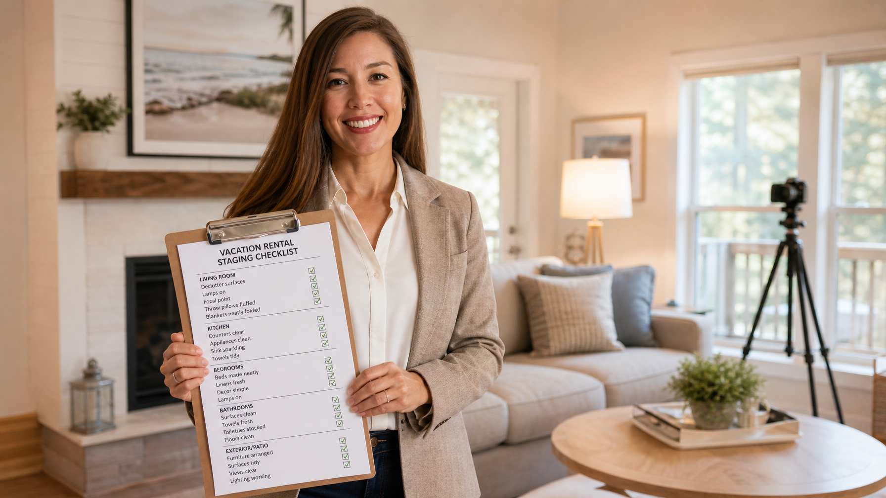 A female vacation rental host in her 40s holding a room-by-room staging checklist clipboard in a bright well-staged living room with a photography tripod visible in the background