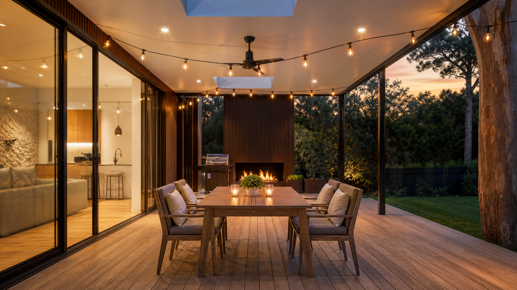 A beautifully staged vacation rental outdoor patio with a symmetrically arranged dining set, potted plant centerpiece, lit fire pit, and overhead string lights ready for professional photography