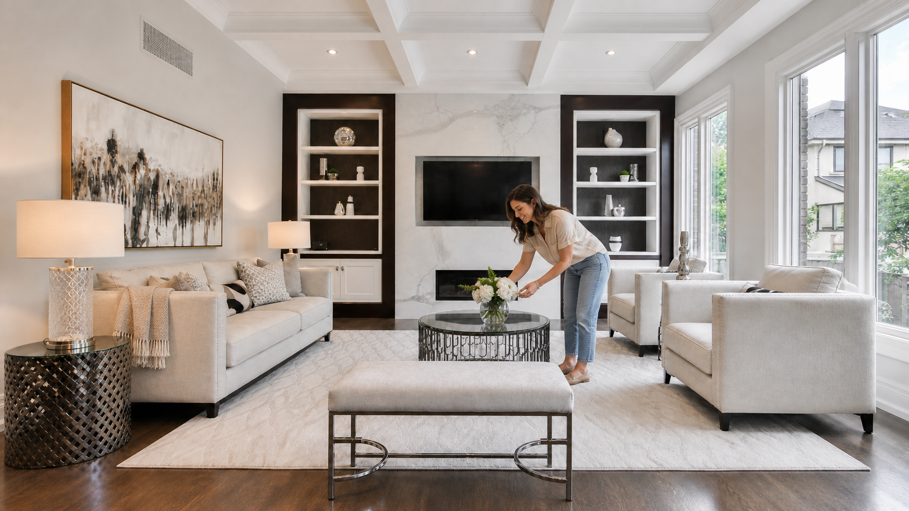 A female vacation rental host making final styling adjustments to a decluttered living room with a single vase on the coffee table and warm lamps on, staged for professional photography