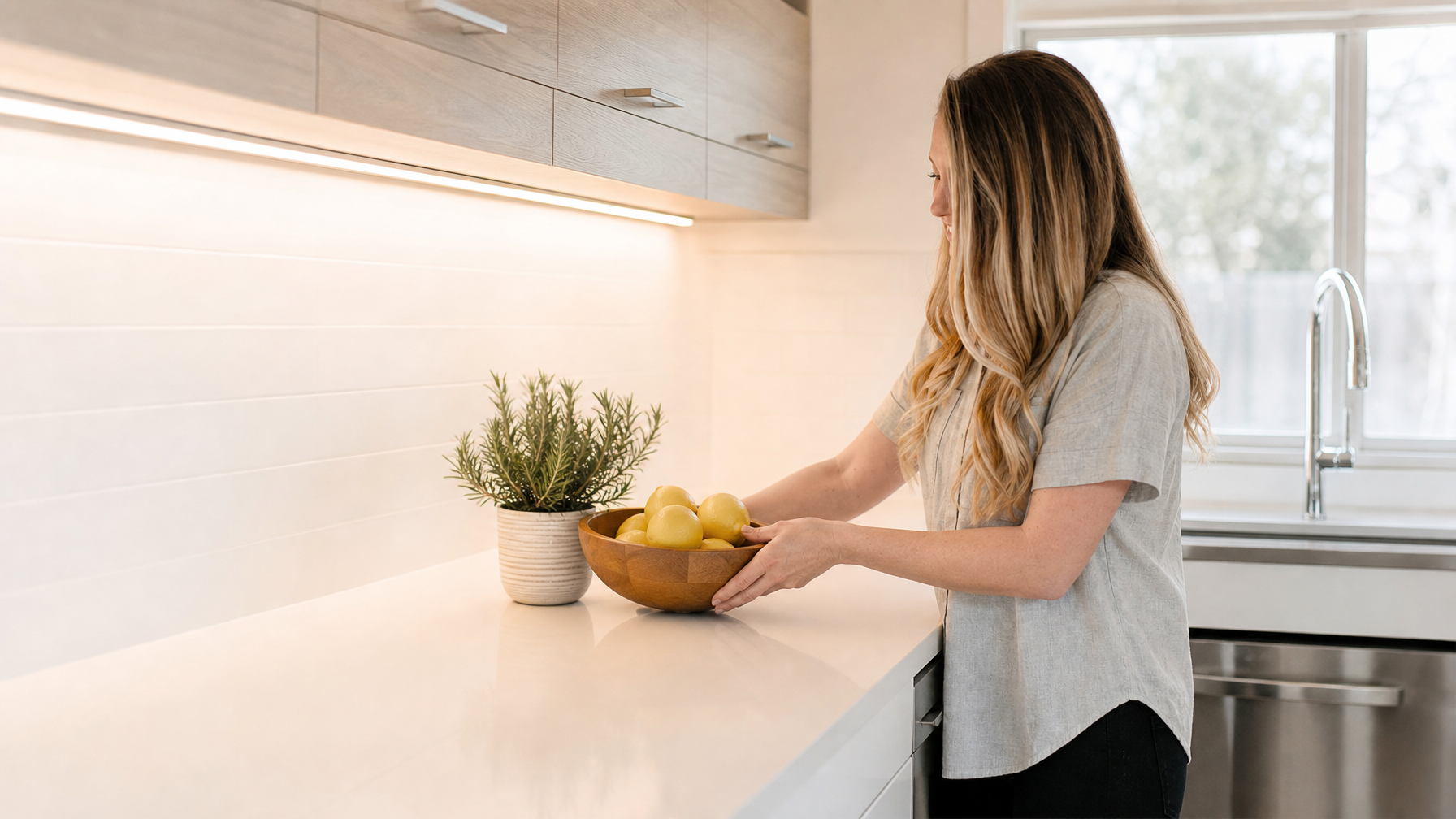 A female vacation rental host placing a wooden bowl of bright yellow lemons beside fresh rosemary on a completely cleared kitchen countertop as the single focal point for STR listing photography
