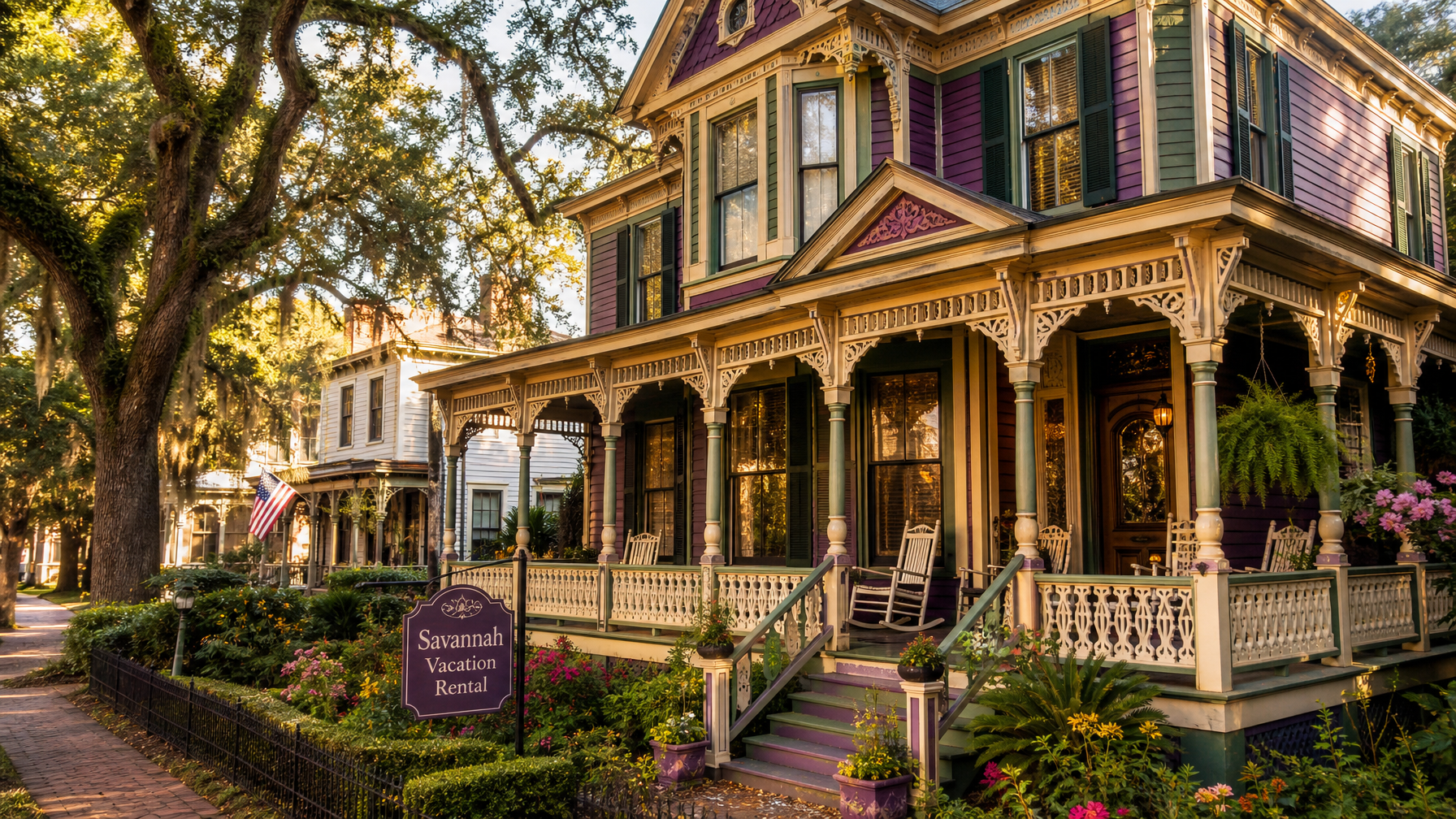 A Savannah Victorian District vacation rental painted lady Victorian home with a wrap-around porch and ornate gingerbread trim