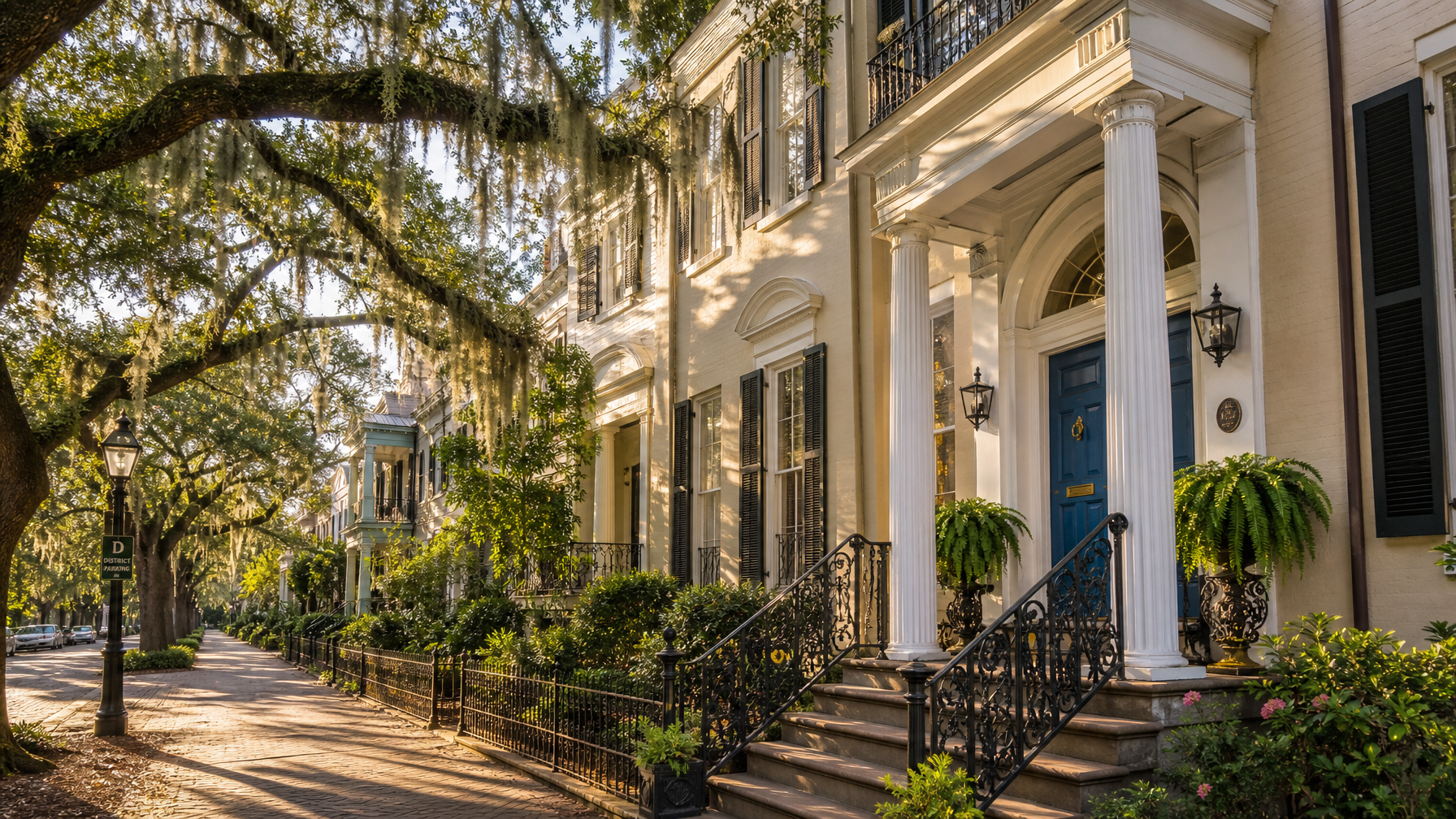 A Savannah Georgia Historic District vacation rental townhouse near Forsyth Park with Spanish moss live oaks and antebellum architecture