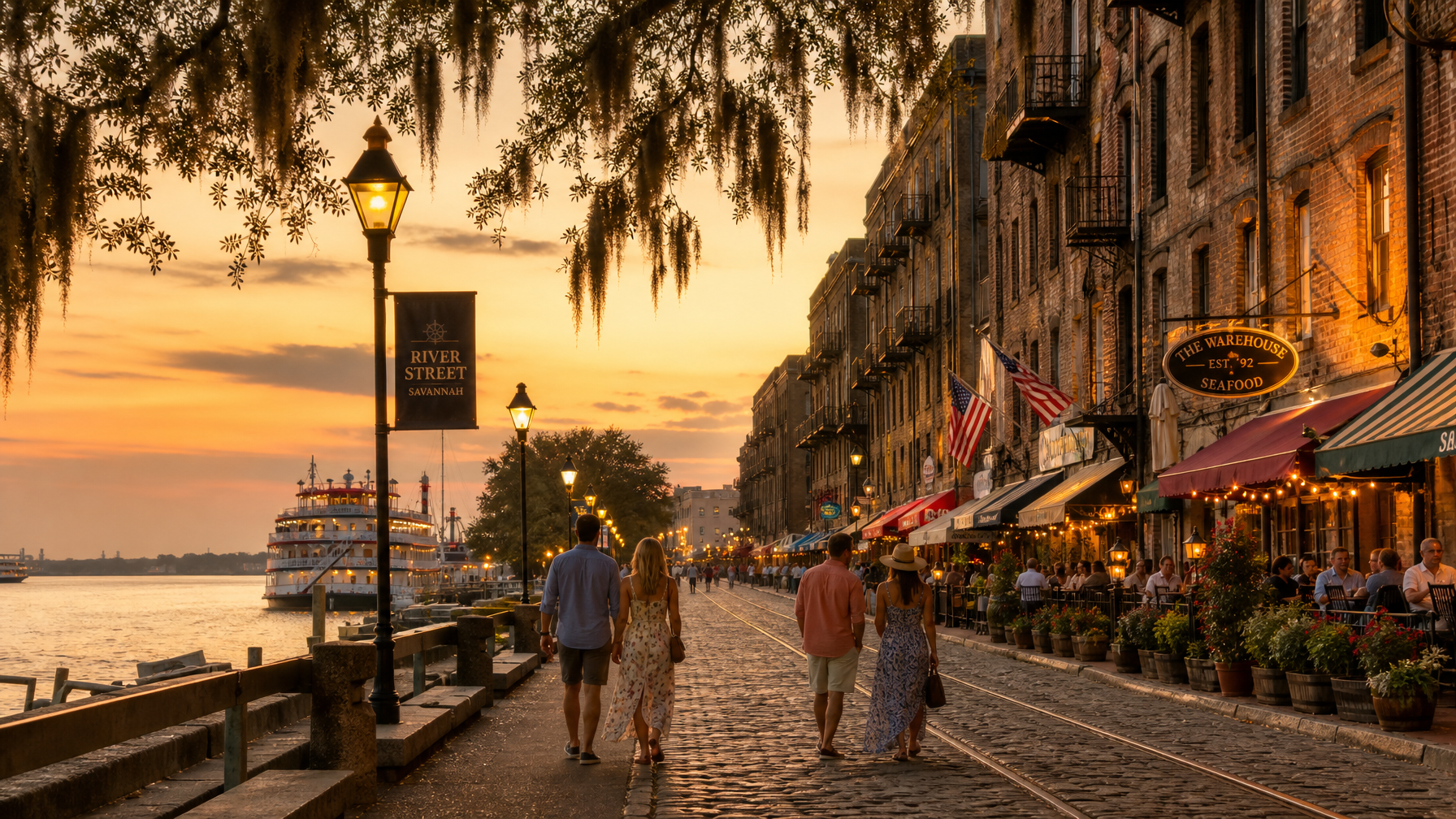 Vacation rental guests walking along River Street in Savannah Georgia showing the cobblestone waterfront scene accessible from Historic District rentals
