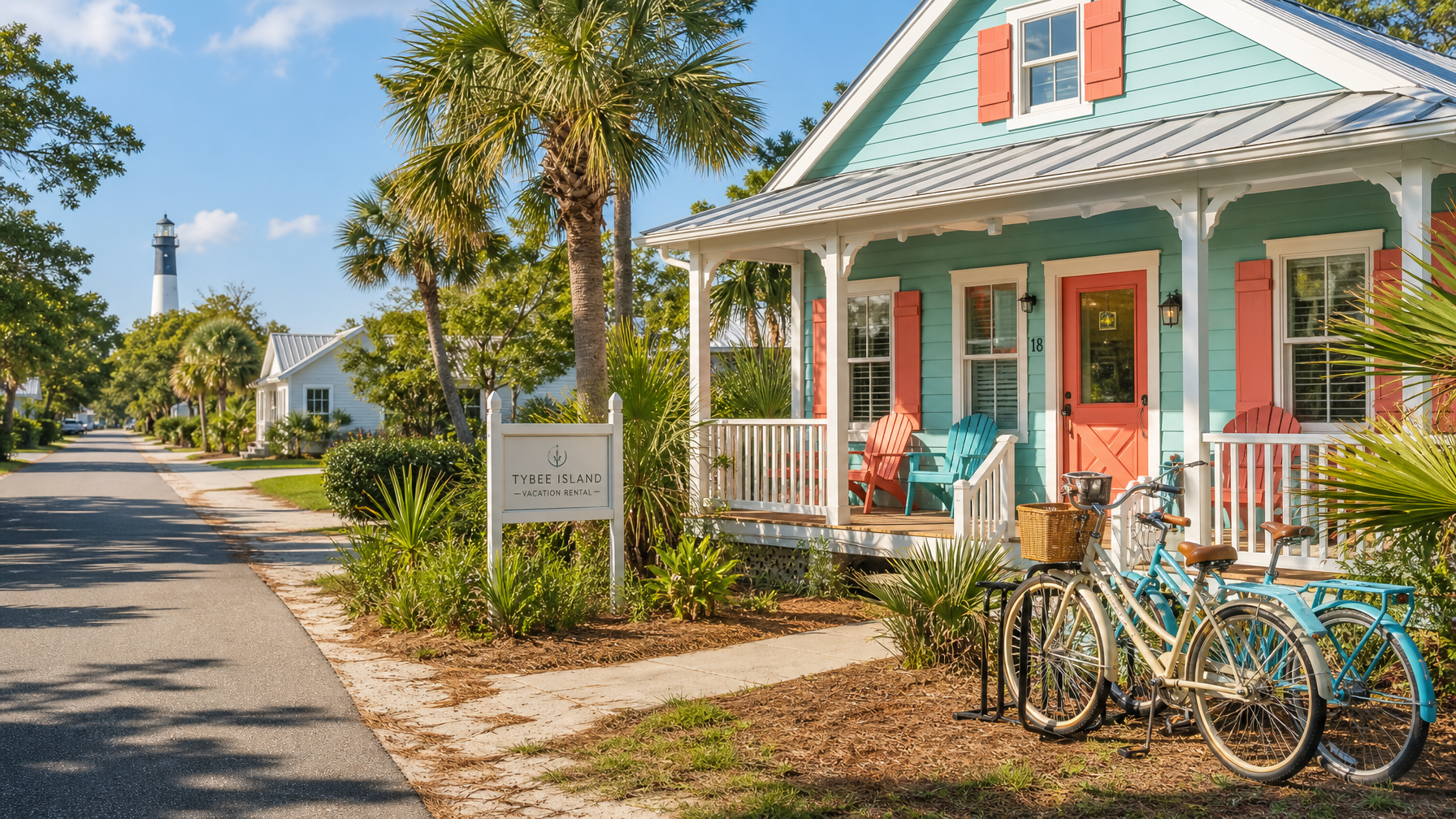 A Tybee Island Georgia vacation rental near the Atlantic beach with the historic Tybee Lighthouse visible representing Savannah's casual beach destination