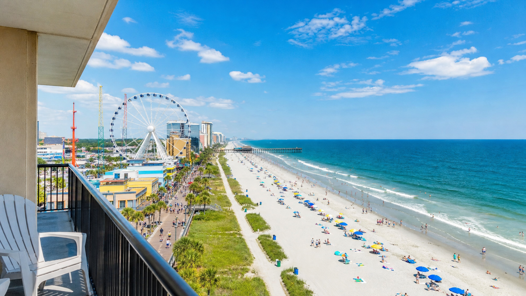 A Myrtle Beach South Carolina oceanfront vacation rental with a balcony view of the boardwalk and Atlantic representing the family entertainment Grand Strand experience