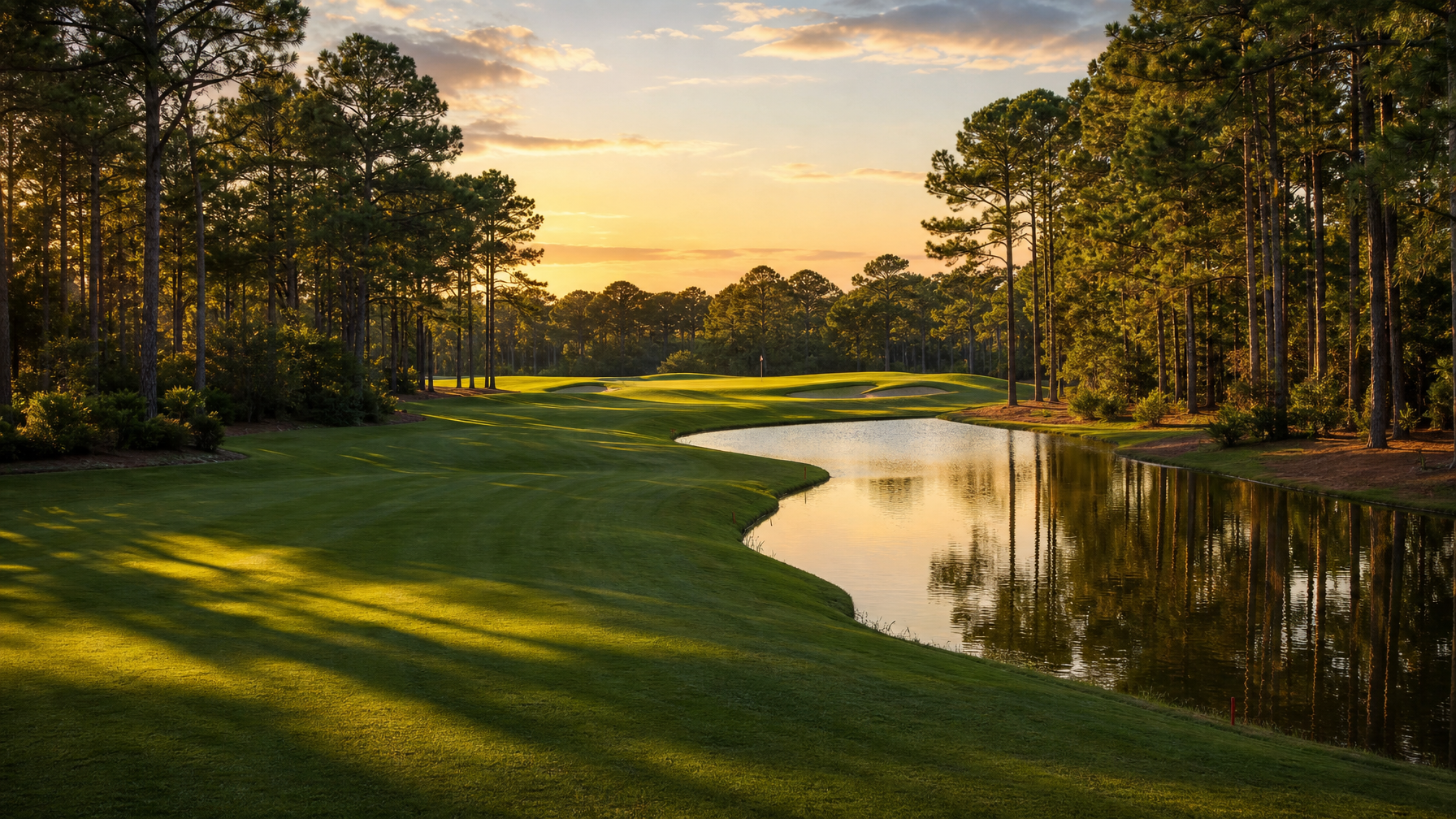 Golfers on a Myrtle Beach Grand Strand golf course with coastal pines and blue sky representing the second guest segment for Grand Strand vacation rental hosts