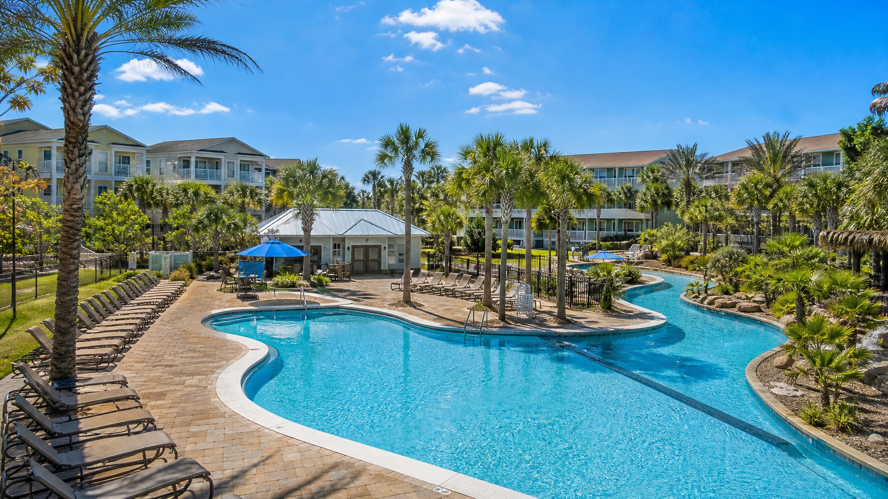 A Myrtle Beach resort community vacation rental pool deck showing the amenity infrastructure available to Grand Strand guests in 2026