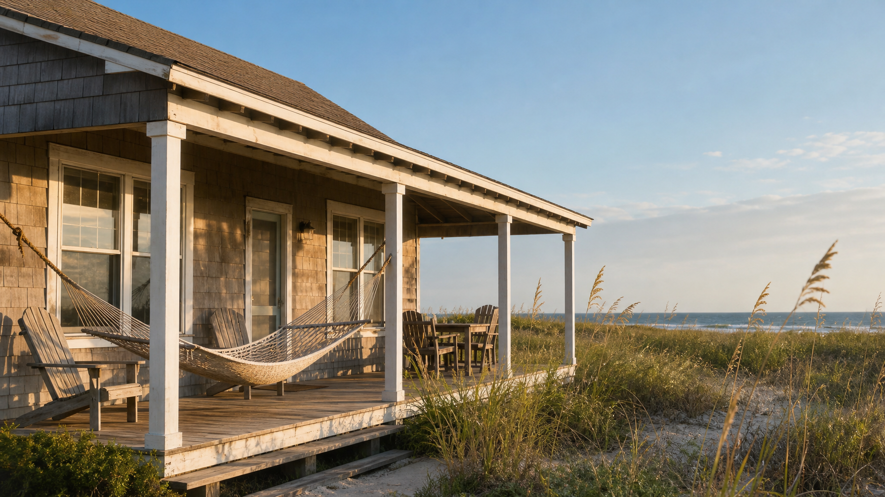 A Pawleys Island South Carolina vacation rental classic beach cottage with a hammock on the porch facing the Atlantic representing the deliberately low-key Grand Strand alternative