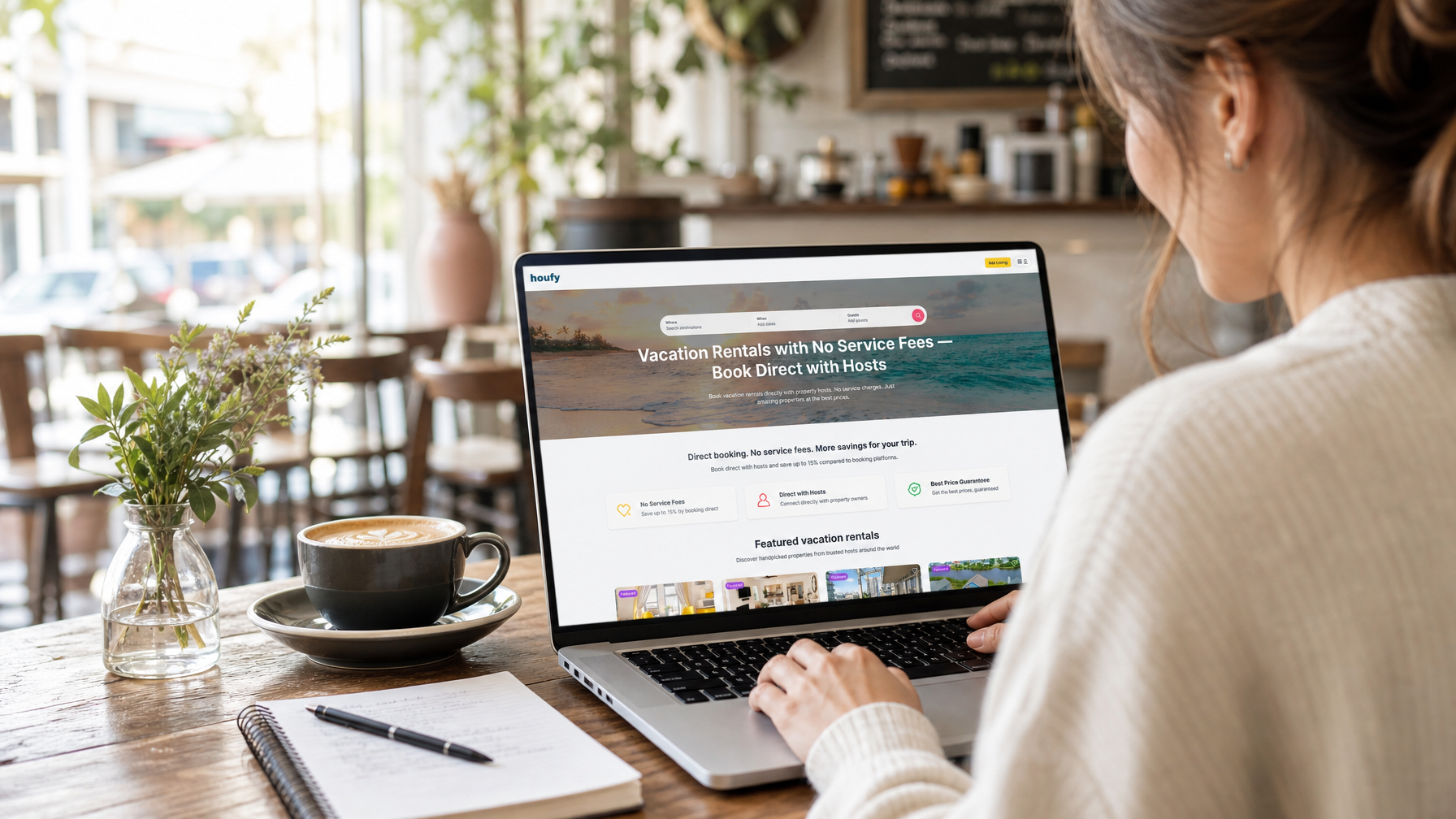 Traveler reviewing vacation rental listings and direct booking fee savings on a laptop