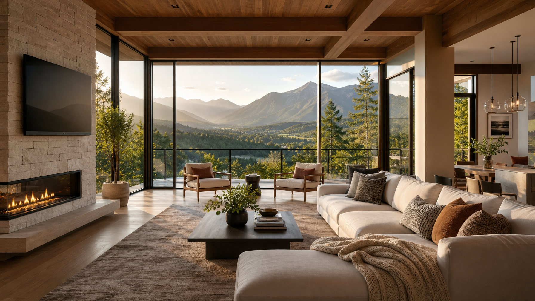 Modern luxury vacation rental interior with scenic mountain panoramic view