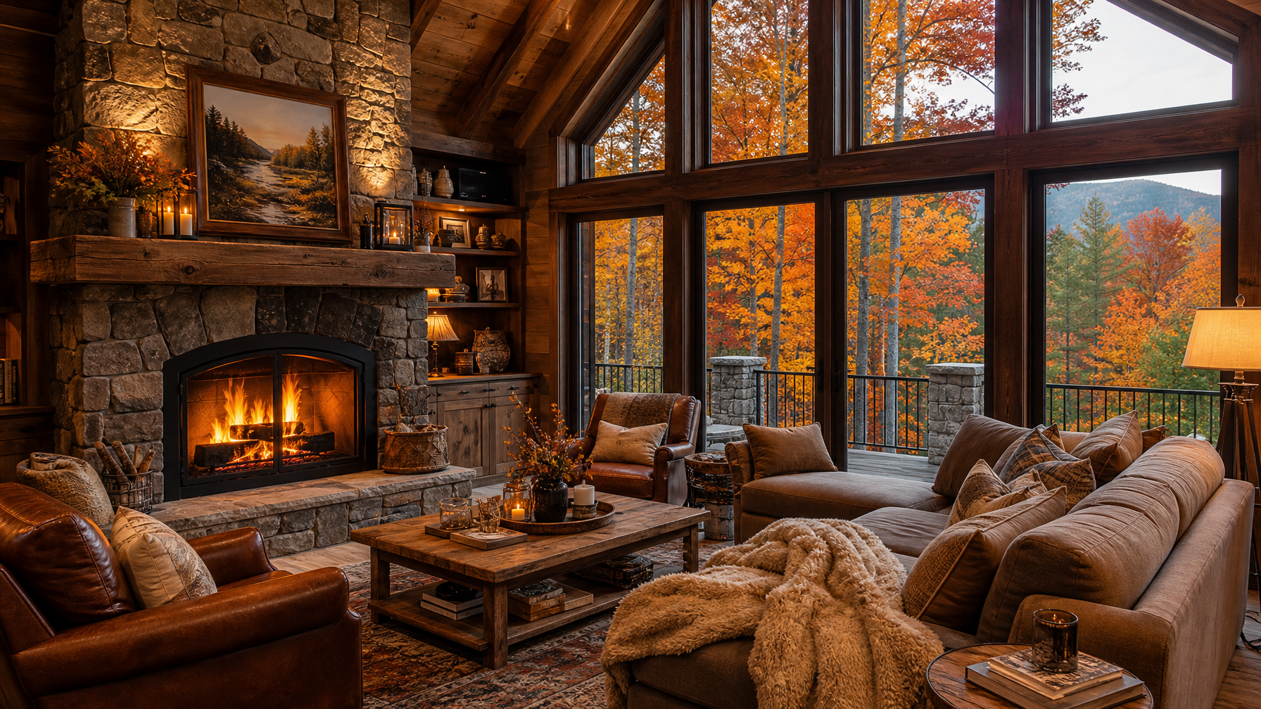 Cozy rustic cabin living room interior with stone fireplace and autumn forest view