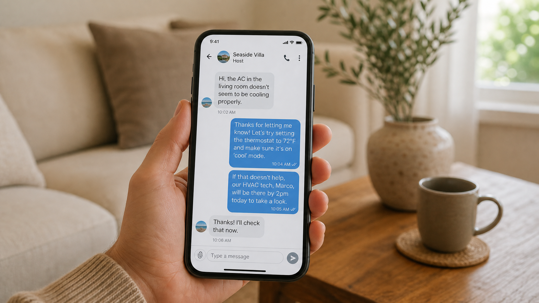 A professional vacation rental host maintenance response message to a guest showing the 30-minute acknowledgment template and timeline commitment