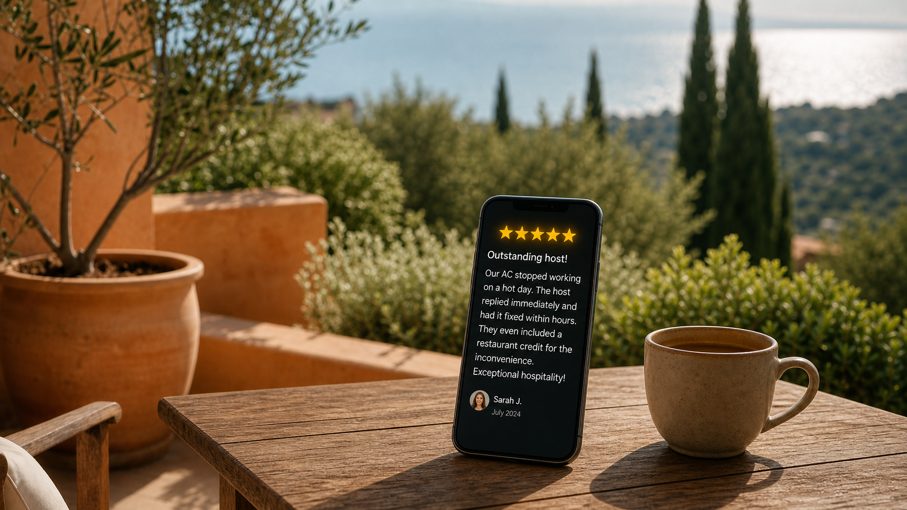 A vacation rental guest leaving a 5-star review specifically mentioning how the host handled a maintenance issue professionally during their stay