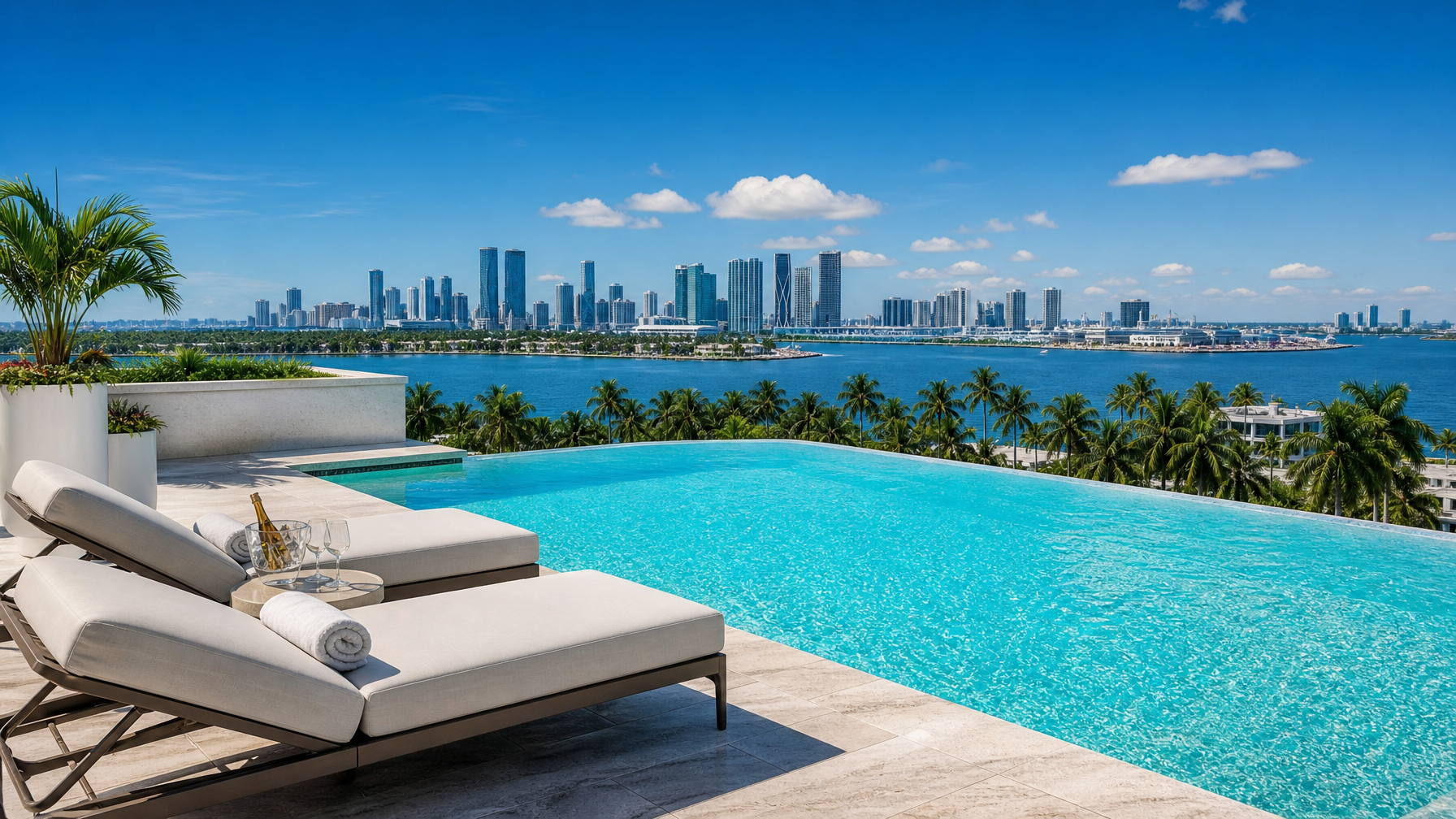 A Miami Beach luxury vacation rental rooftop pool with Biscayne Bay and Miami skyline views representing the premium rental experience in the South Florida market