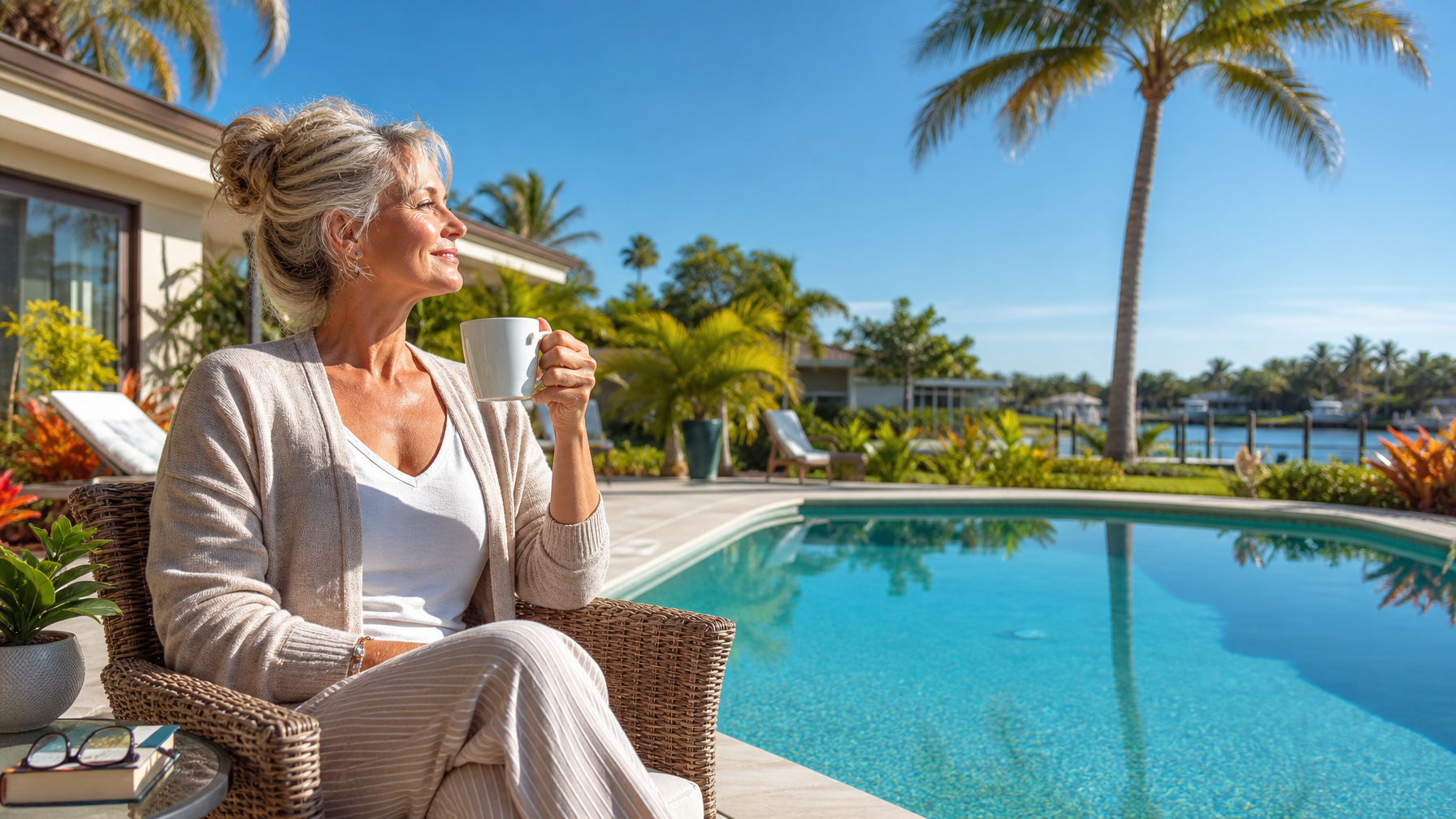 A South Florida vacation rental pool in winter showing the snowbird season peak demand when northern US visitors escape to Miami Fort Lauderdale and the Florida Keys