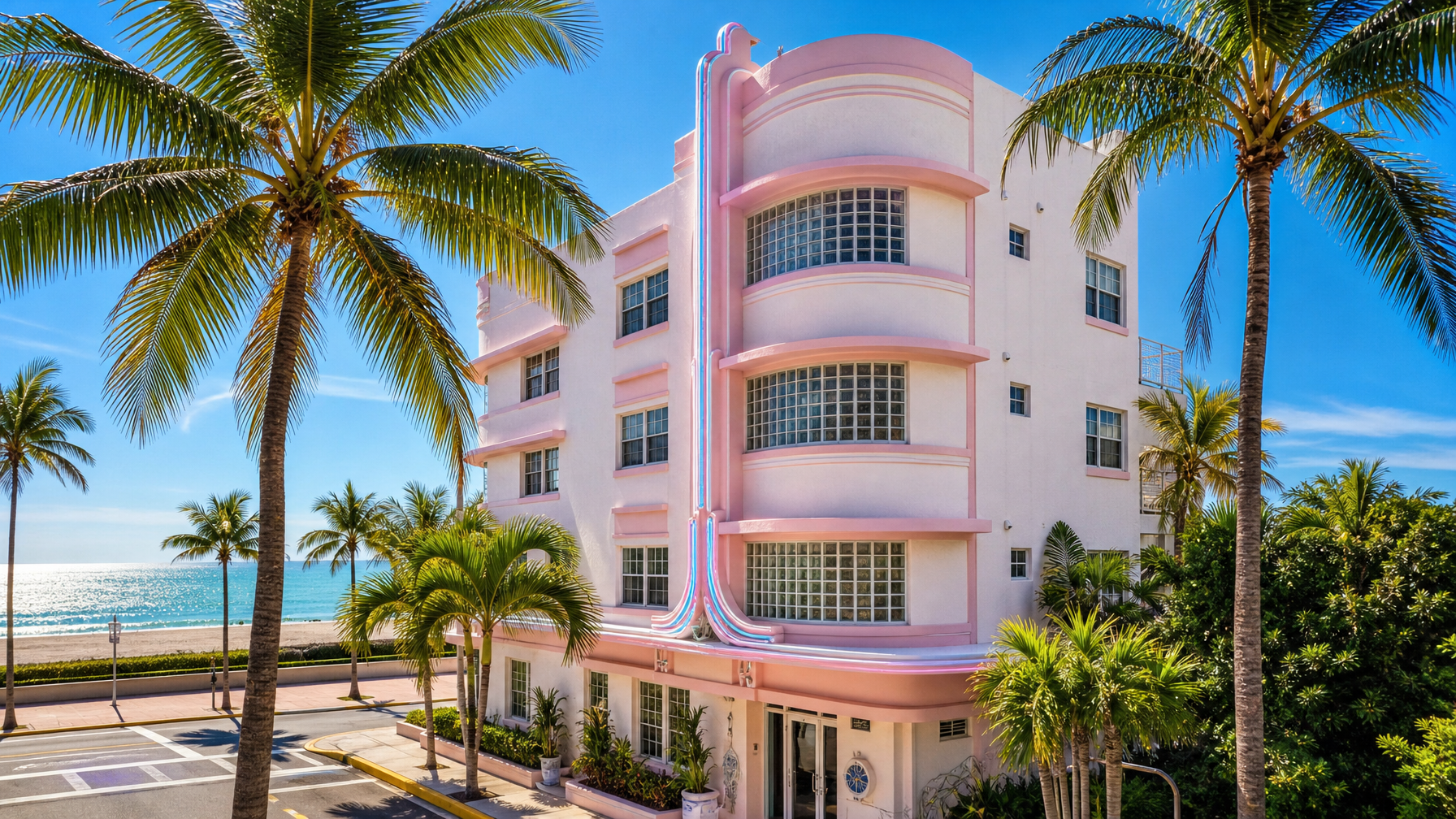 A Miami Beach Art Deco vacation rental near Ocean Drive with pastel architecture and palm trees representing the iconic South Beach STR experience
