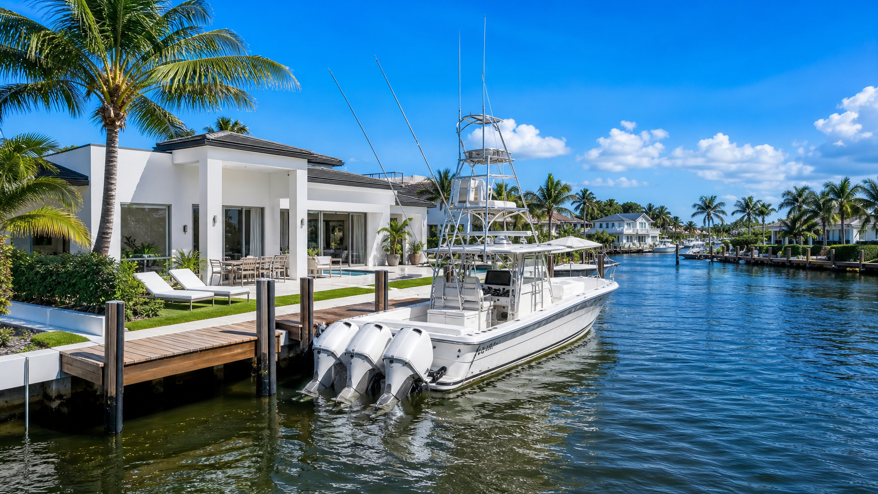 A Fort Lauderdale South Florida vacation rental with a private dock and boat on a canal representing the Venice of America waterway rental experience