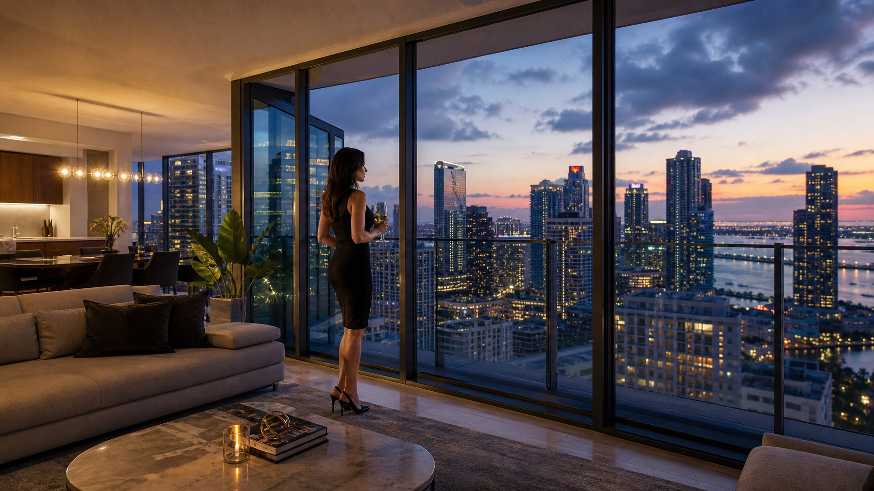 A Brickell and Edgewater Miami vacation rental high-rise at dusk with skyline and Biscayne Bay views representing urban luxury South Florida rentals