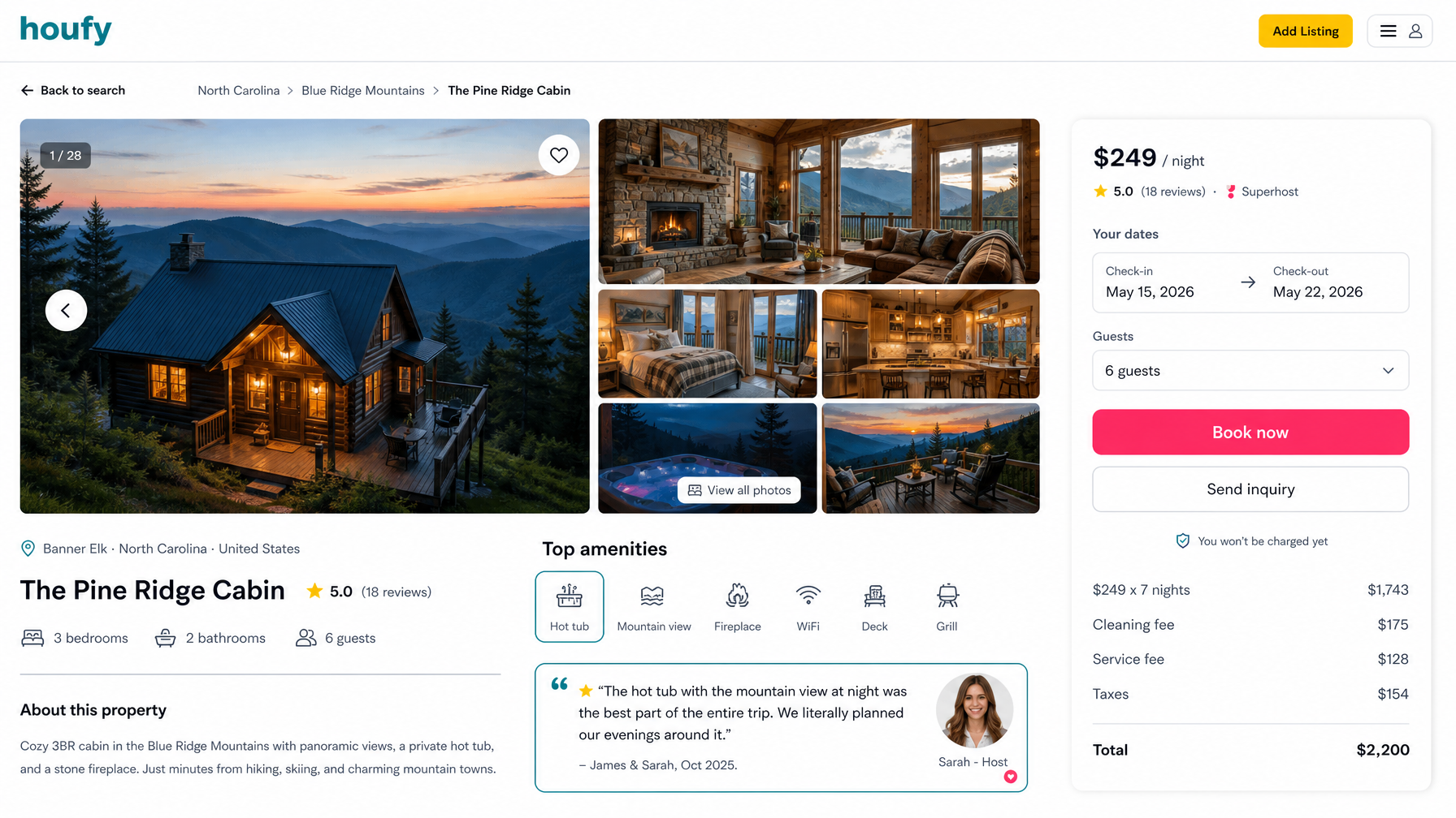 A vacation rental listing featuring a specific guest review quote mentioning the hot tub as social proof for guests searching for that specific amenity