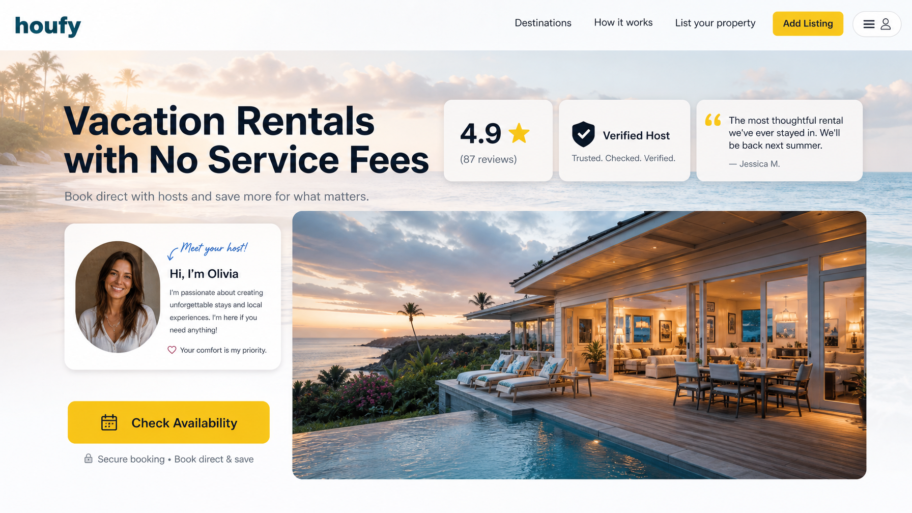 A vacation rental direct booking website homepage showing social proof elements prominently above the fold including star rating review count and a featured guest quote