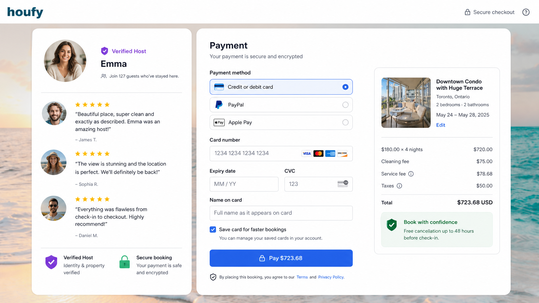 A vacation rental direct booking checkout page displaying social proof elements at the payment stage to reduce booking anxiety and increase conversion