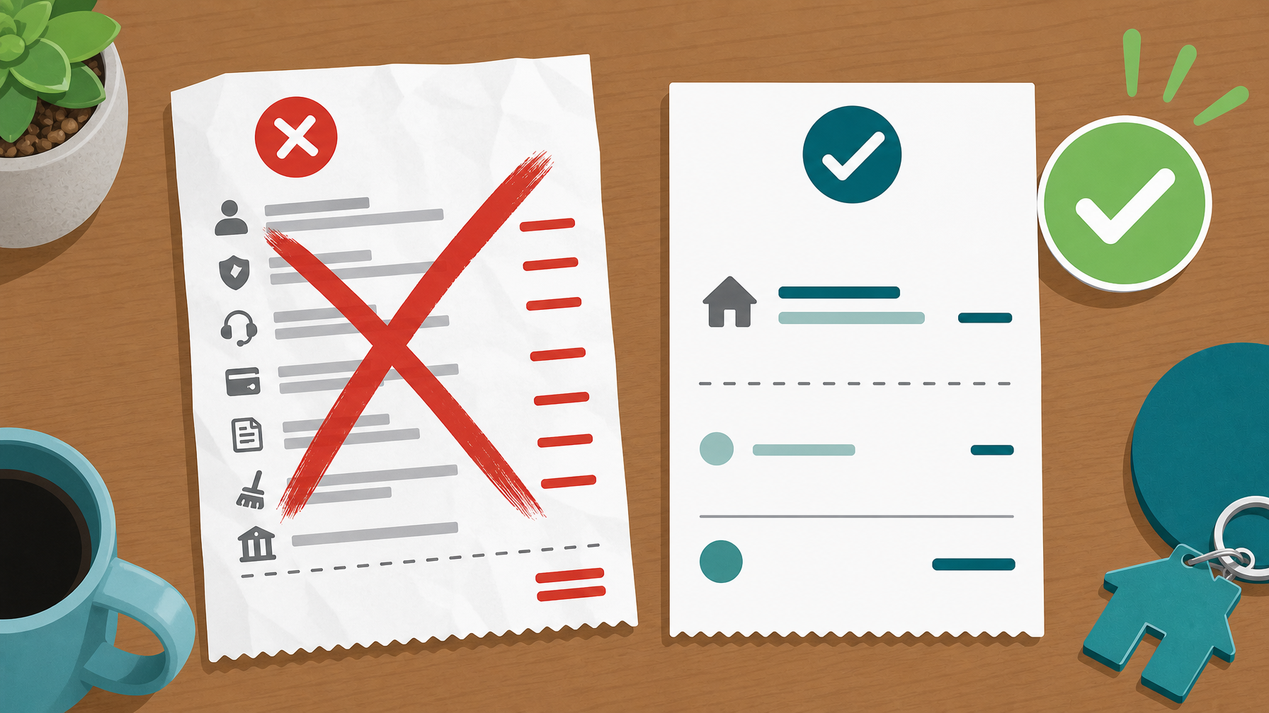 Side by side receipt comparison showing a cluttered OTA checkout with extra service fees versus a clean Houfy direct booking price with zero fees