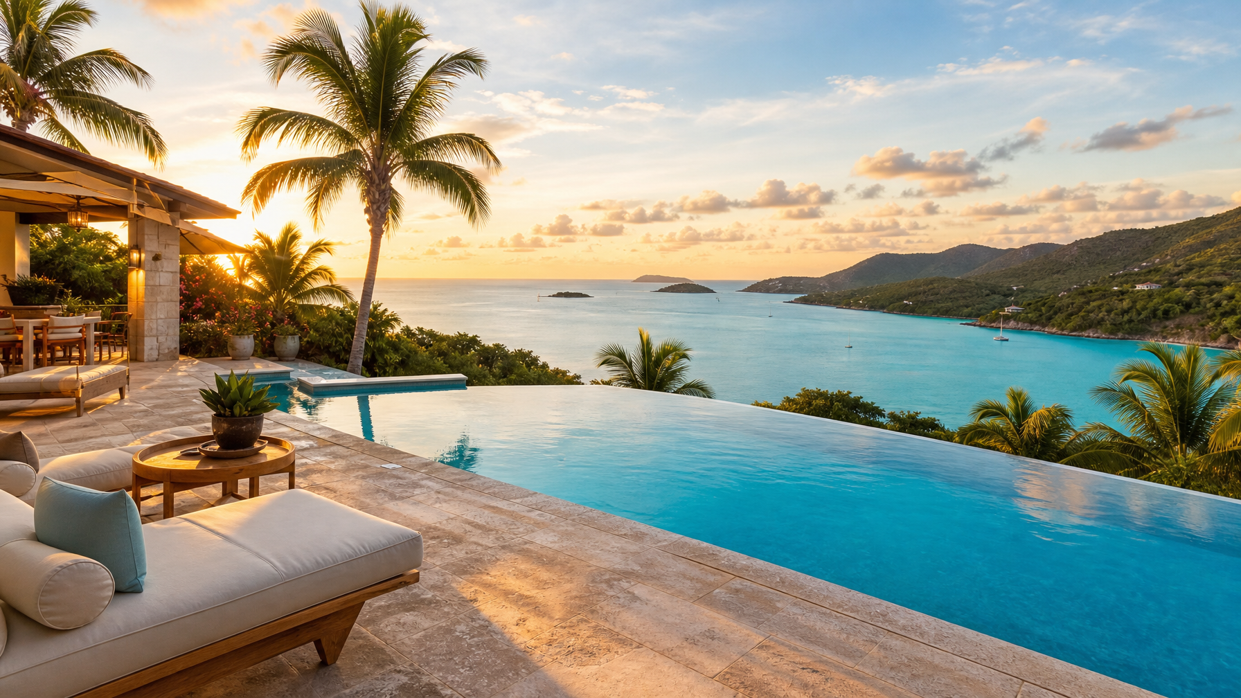Luxury Caribbean vacation rental with a private infinity pool overlooking a turquoise ocean bay, listed on Houfy without guest service fees