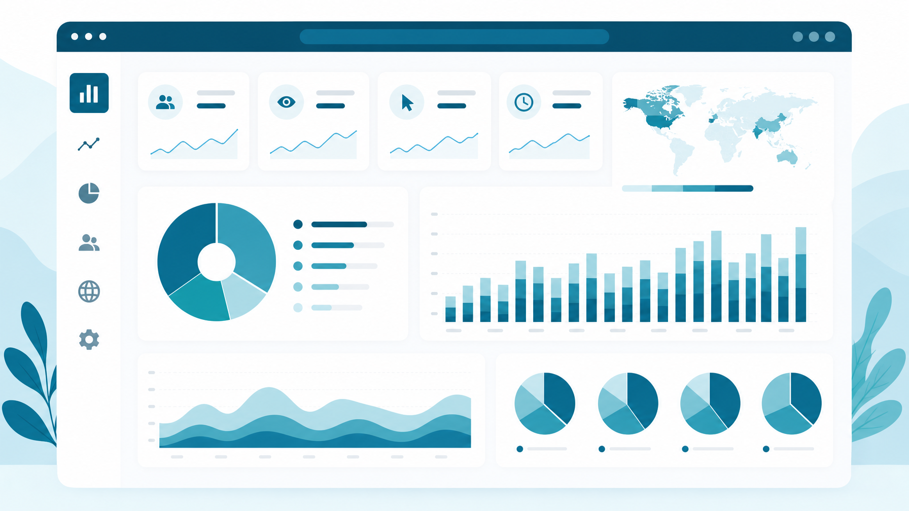Clean flat-design analytics dashboard displaying Houfy traffic channels, direct traffic percentage, and organic growth metrics