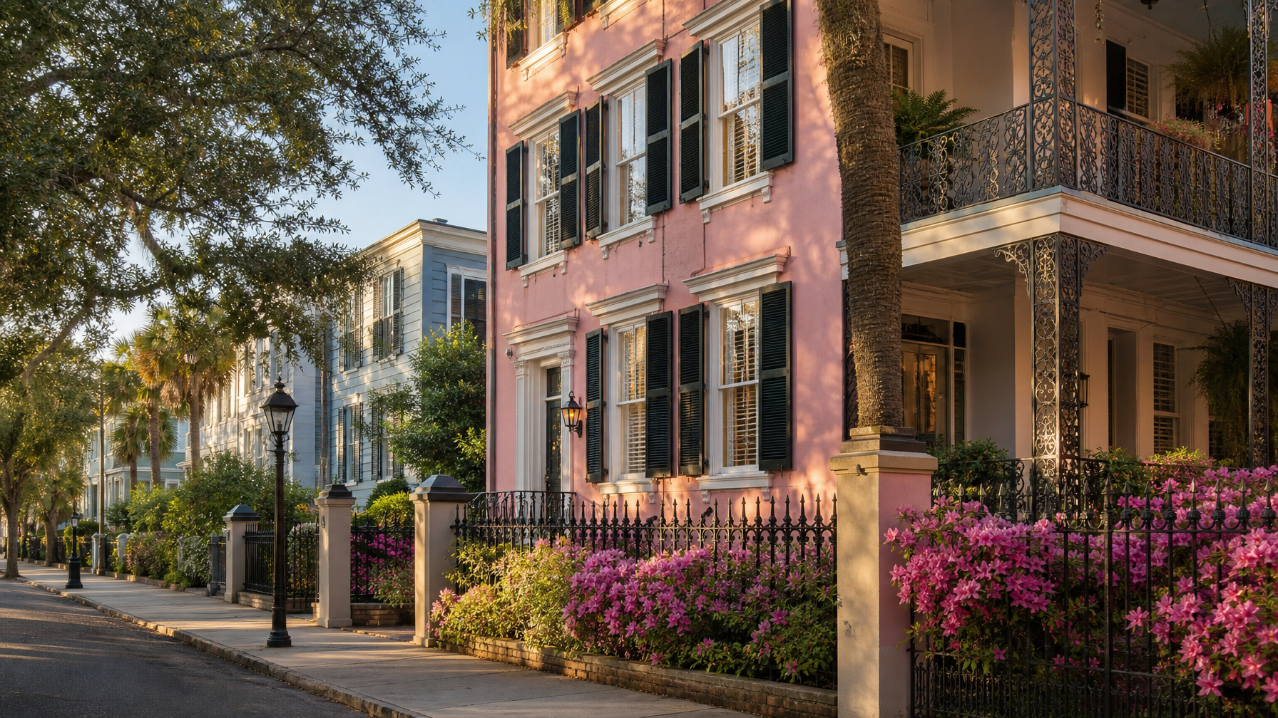A Charleston South Carolina Historic Peninsula vacation rental pastel rowhouse with a side piazza near Rainbow Row representing America's most intact antebellum cityscape