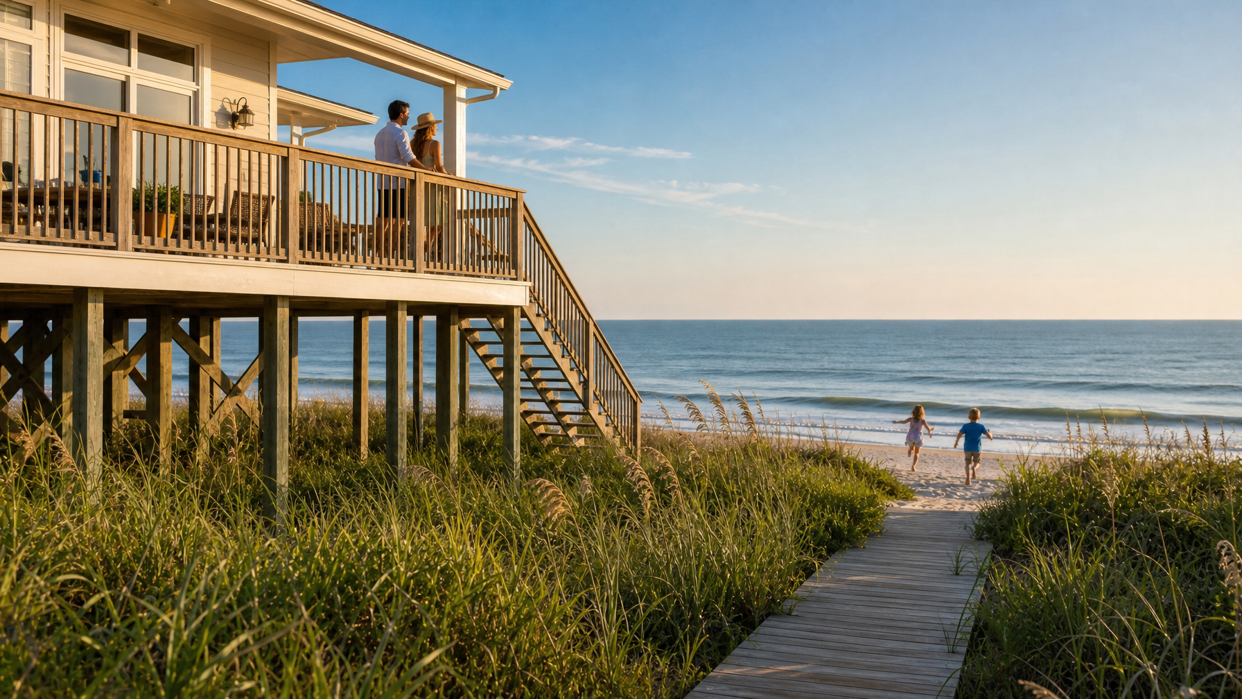 A family at an Isle of Palms South Carolina vacation rental beach house with Atlantic Ocean access representing the most family-friendly Charleston barrier island