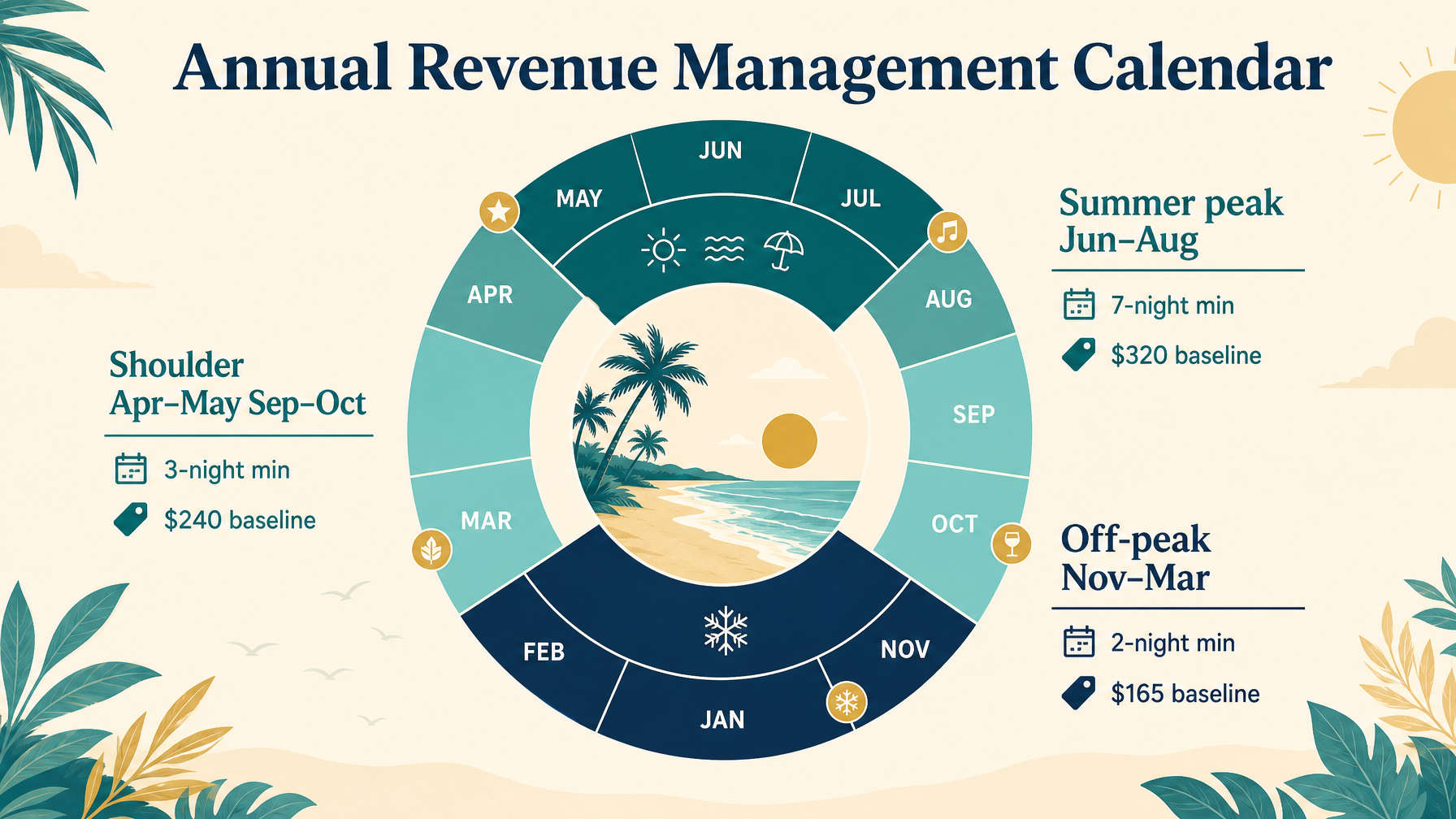 A vacation rental annual revenue management calendar showing seasonal rate tiers event premiums and minimum stay settings across the full year