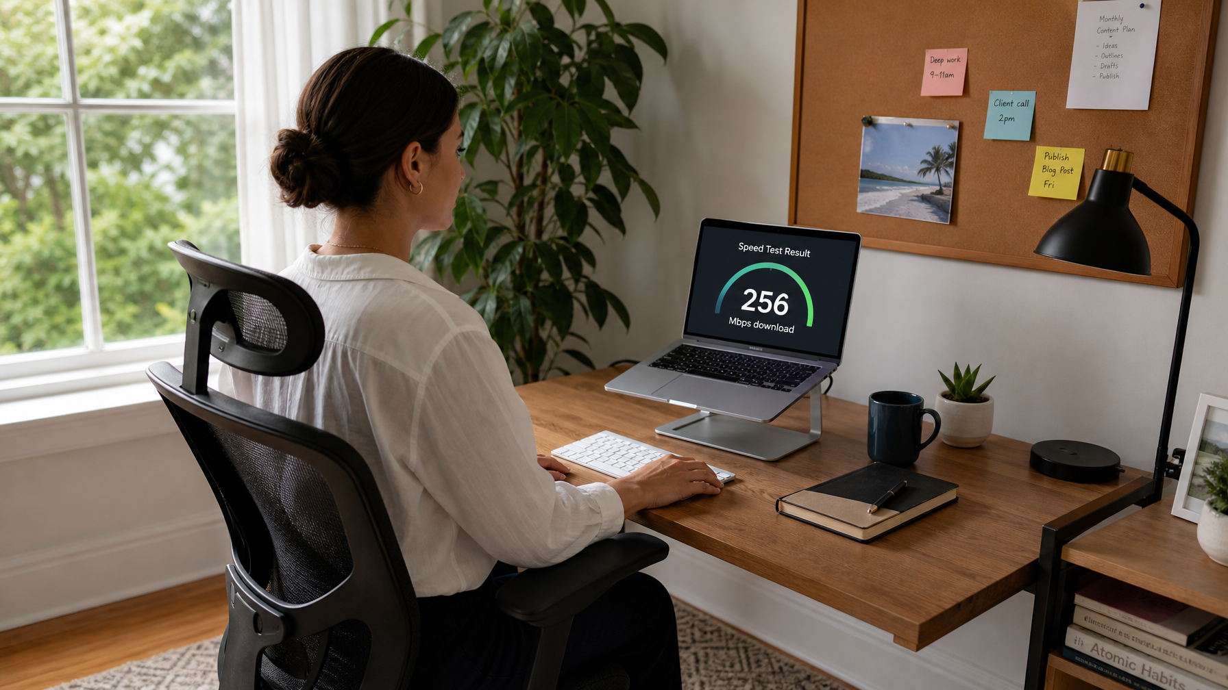 A vacation rental workspace setup with fast WiFi, a dedicated desk, and ergonomic chair showing the three amenities that convert long-stay guests