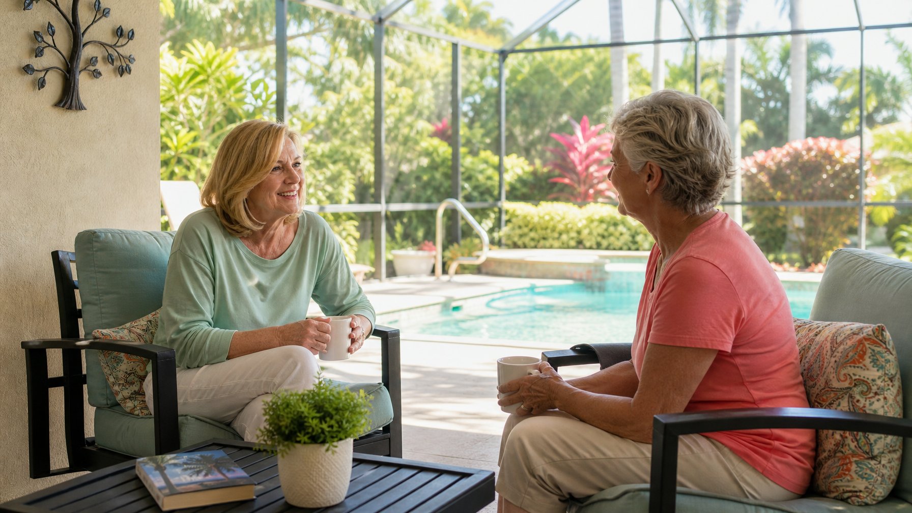 A female snowbird host welcoming a long-stay vacation rental guest settled into a Florida winter monthly rental representing the early retiree extended stay guest segment