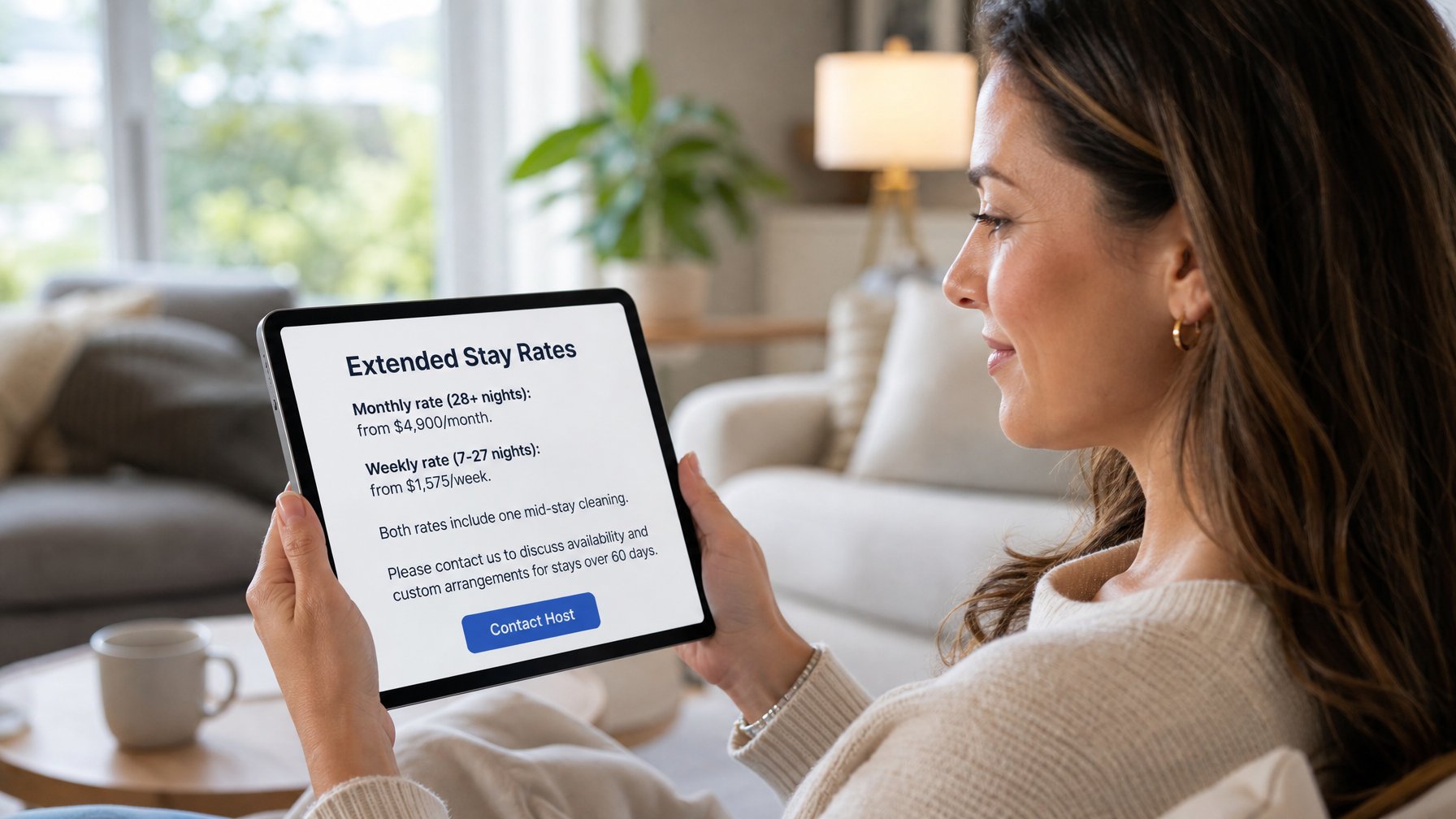 A vacation rental listing description showing a clear monthly rate disclosure that converts long-stay guests without requiring rate calculation