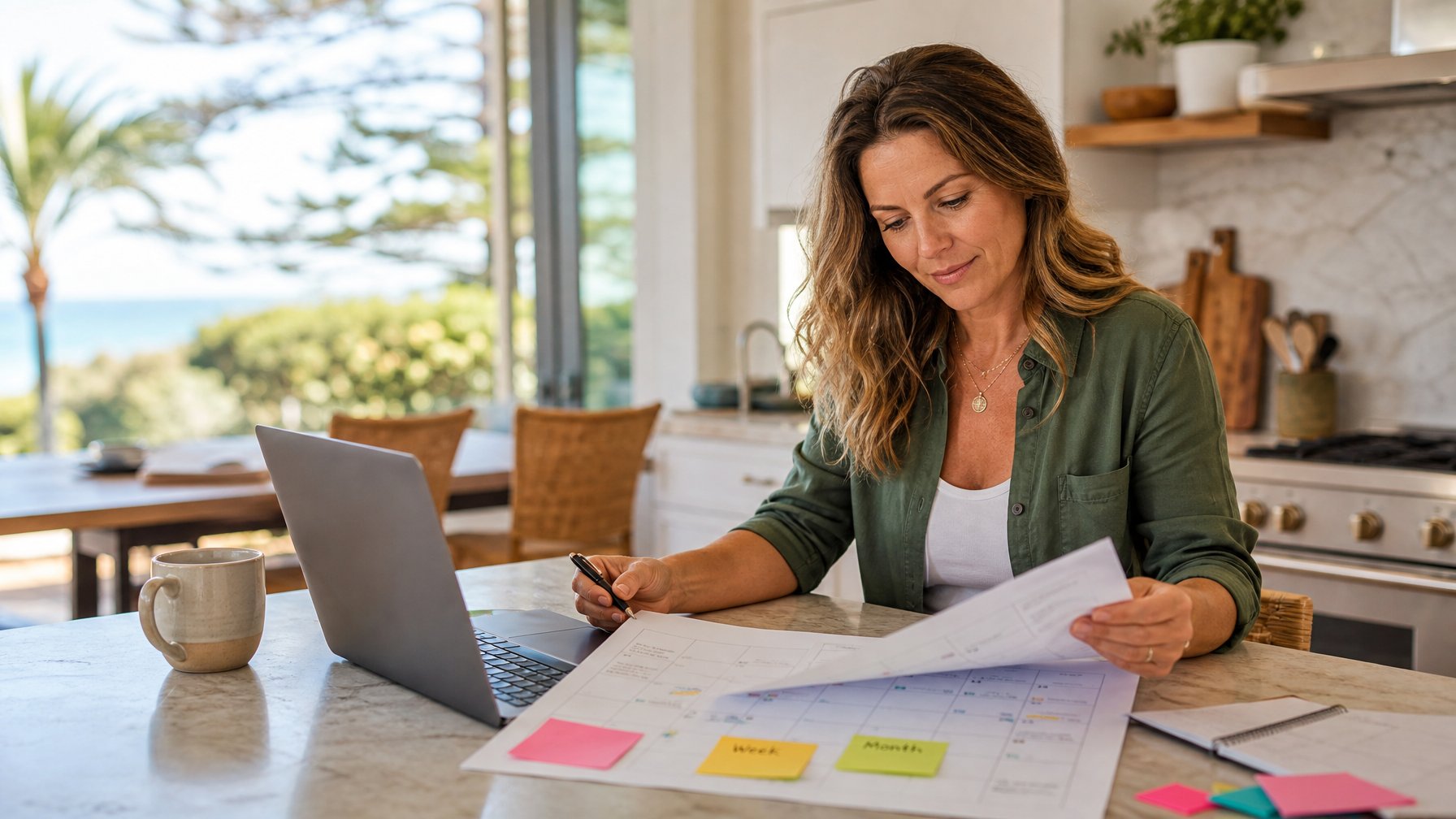 A female vacation rental host planning weekly and monthly long-stay pricing on a kitchen calendar and laptop to protect high value nights