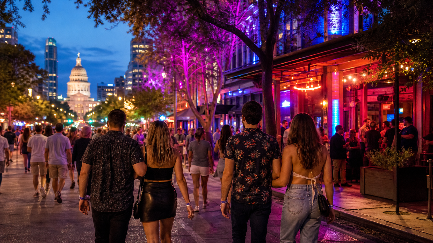 Austin vacation rental guests walking on Sixth Street during SXSW showing the highest single-week short-term rental demand period in the Austin market
