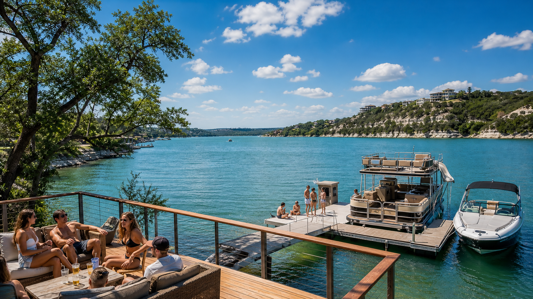 A Lake Travis Austin Texas vacation rental on the water with a private dock and party barge representing the outdoor recreation and large-group destination market