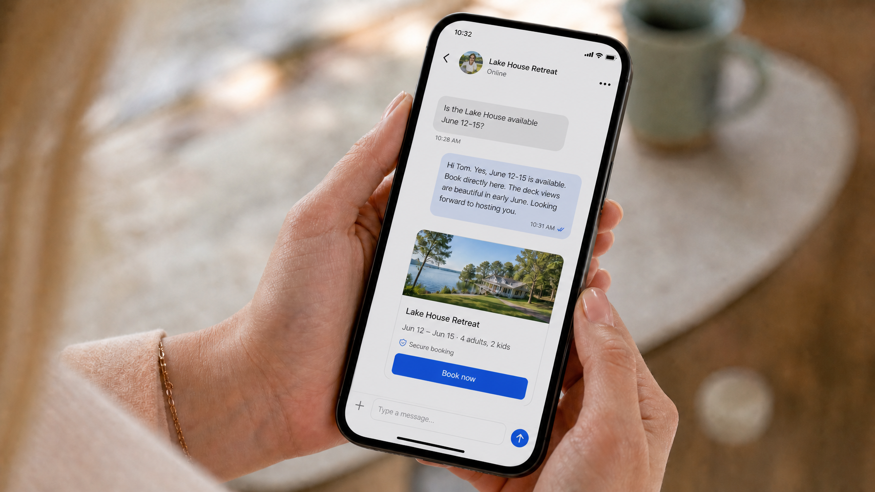 Smartphone showing a short vacation rental inquiry reply with a direct booking link for frictionless STR booking conversion