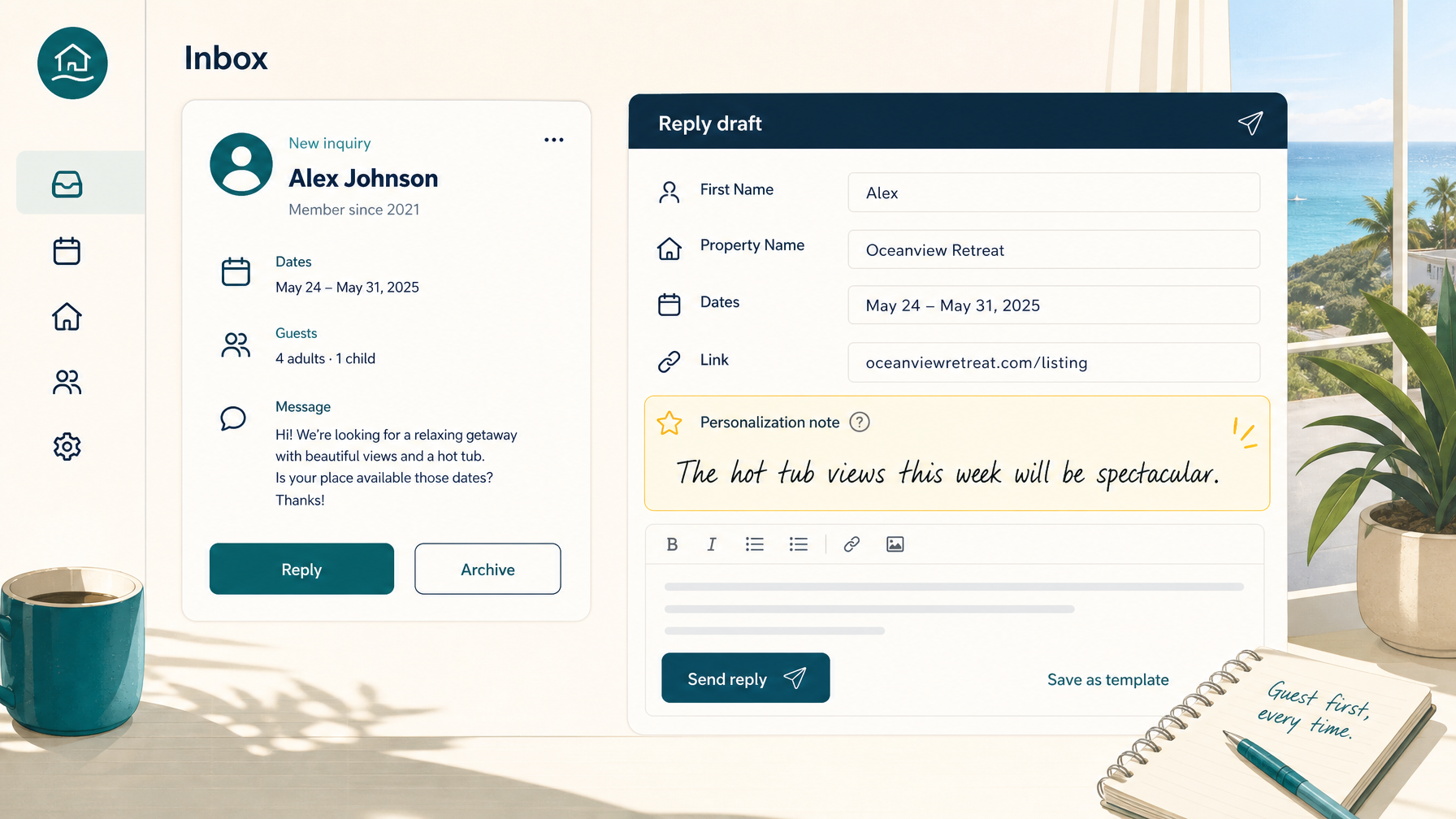 Channel manager style inbox with a vacation rental inquiry template and mandatory personalisation field for fast converting replies