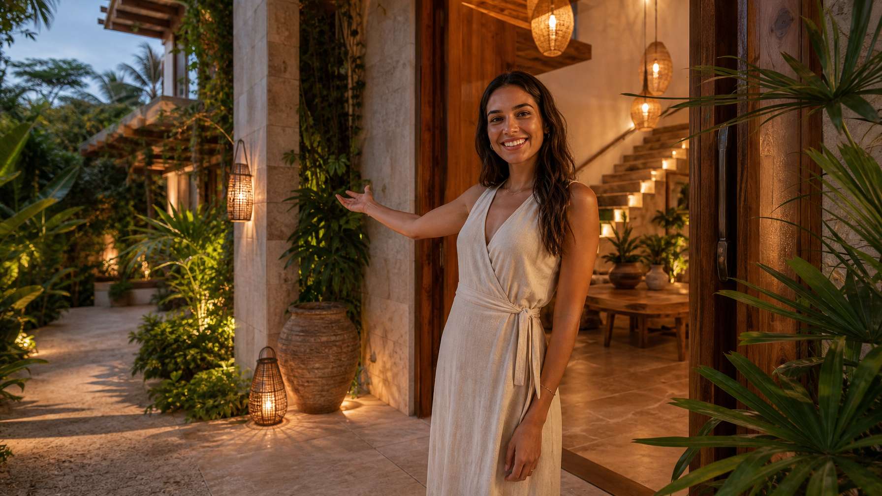 Smiling female host welcoming guests to a Tulum vacation rental