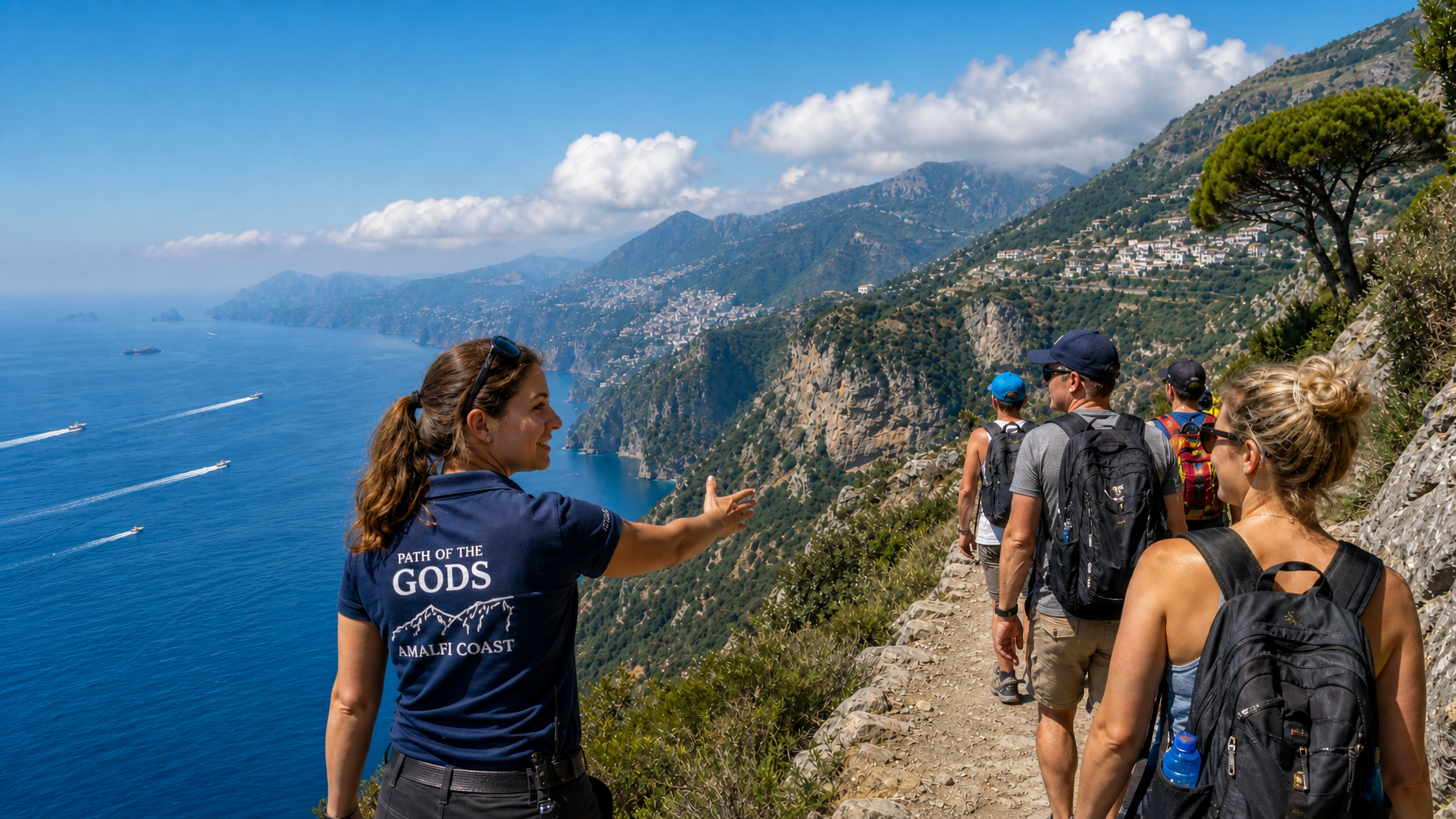 Female host guiding hikers along the scenic Path of the Gods trail overlooking the Amalfi Coast