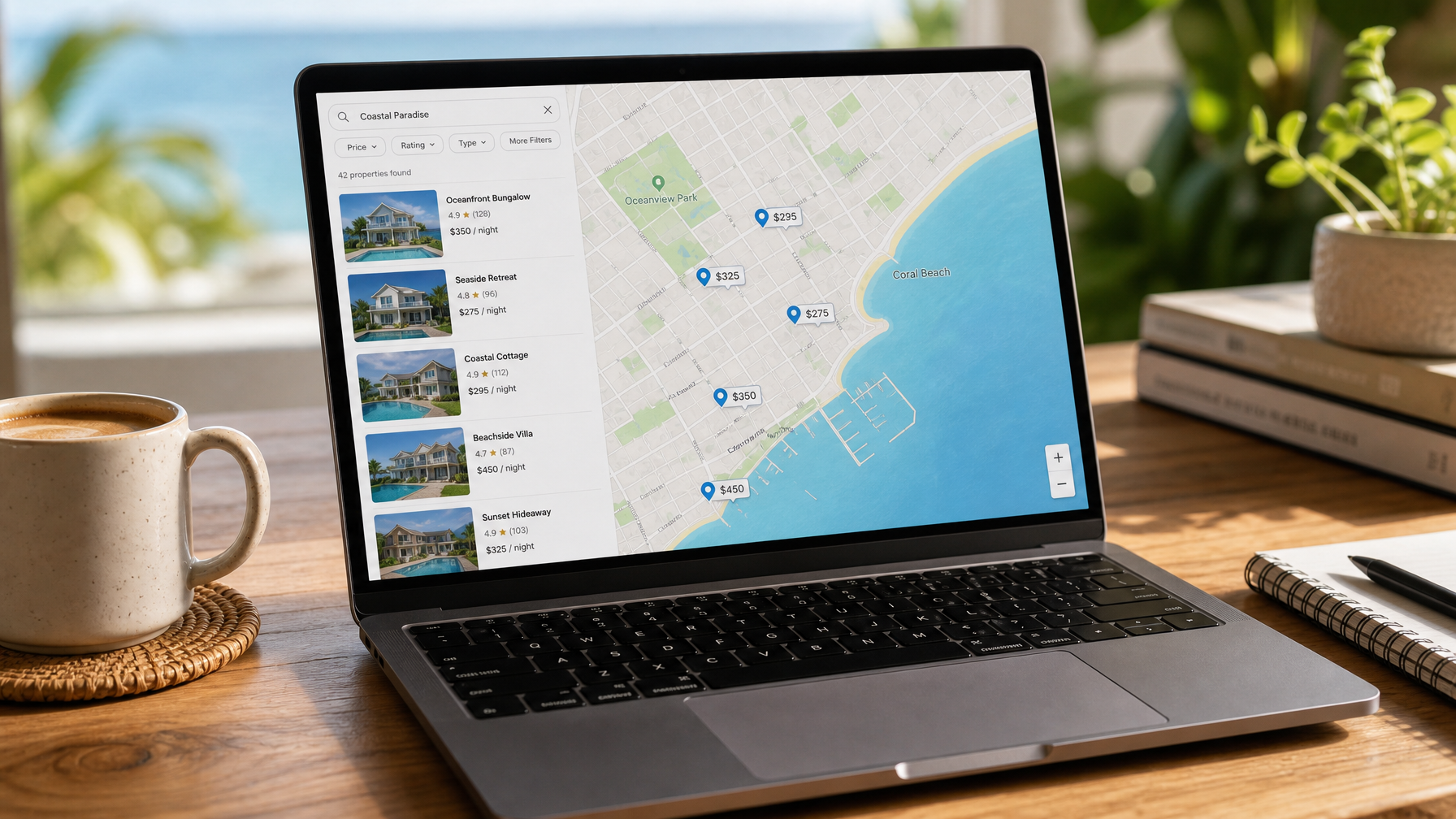 Map search concept for vacation rentals in a coastal town