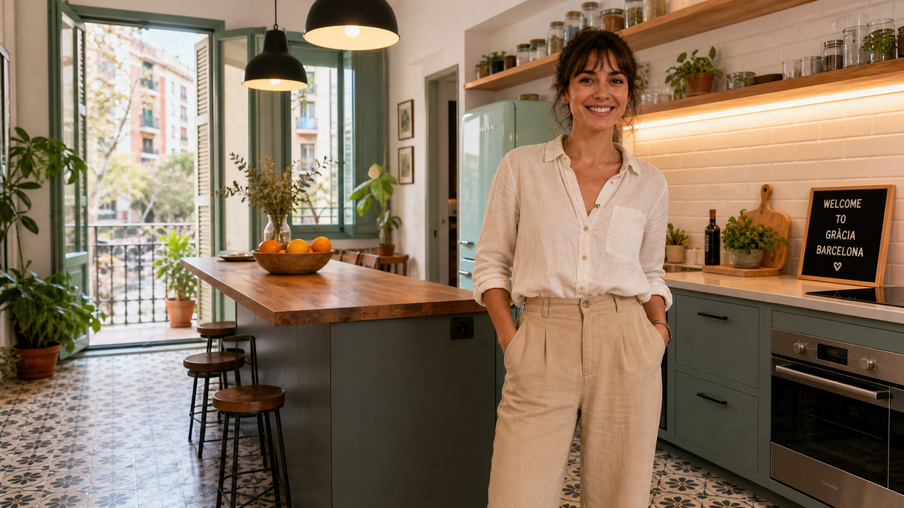 Female host preparing a welcome basket in a renovated Barcelona flat gallery kitchen with hydraulic floor tiles