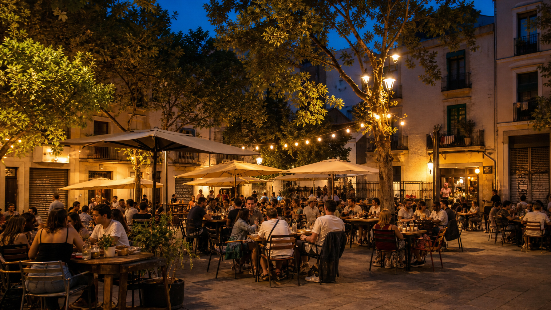 Gràcia plaza evening atmosphere near Barcelona vacation rentals