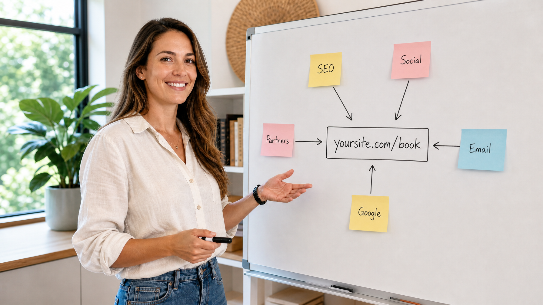 Female host mapping SEO, social, email, partners, and Google traffic to one booking URL on a whiteboard